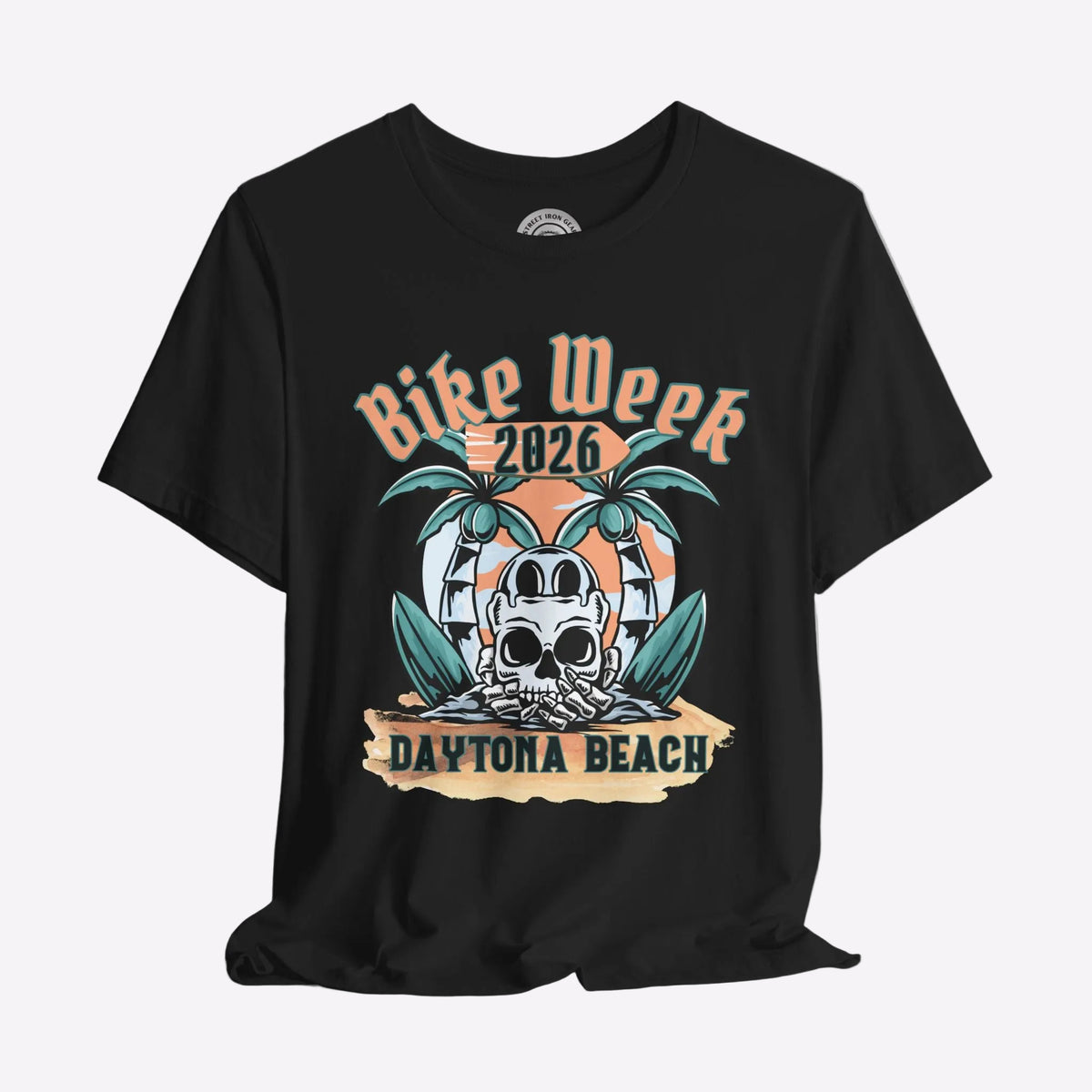 Black t-shirt with 'Bike Week 2026 Daytona Beach' graphic design on a gray background