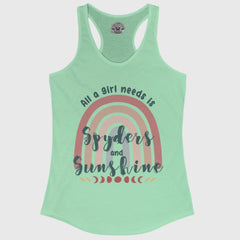Mint green tank top with rainbow and text design on a white background