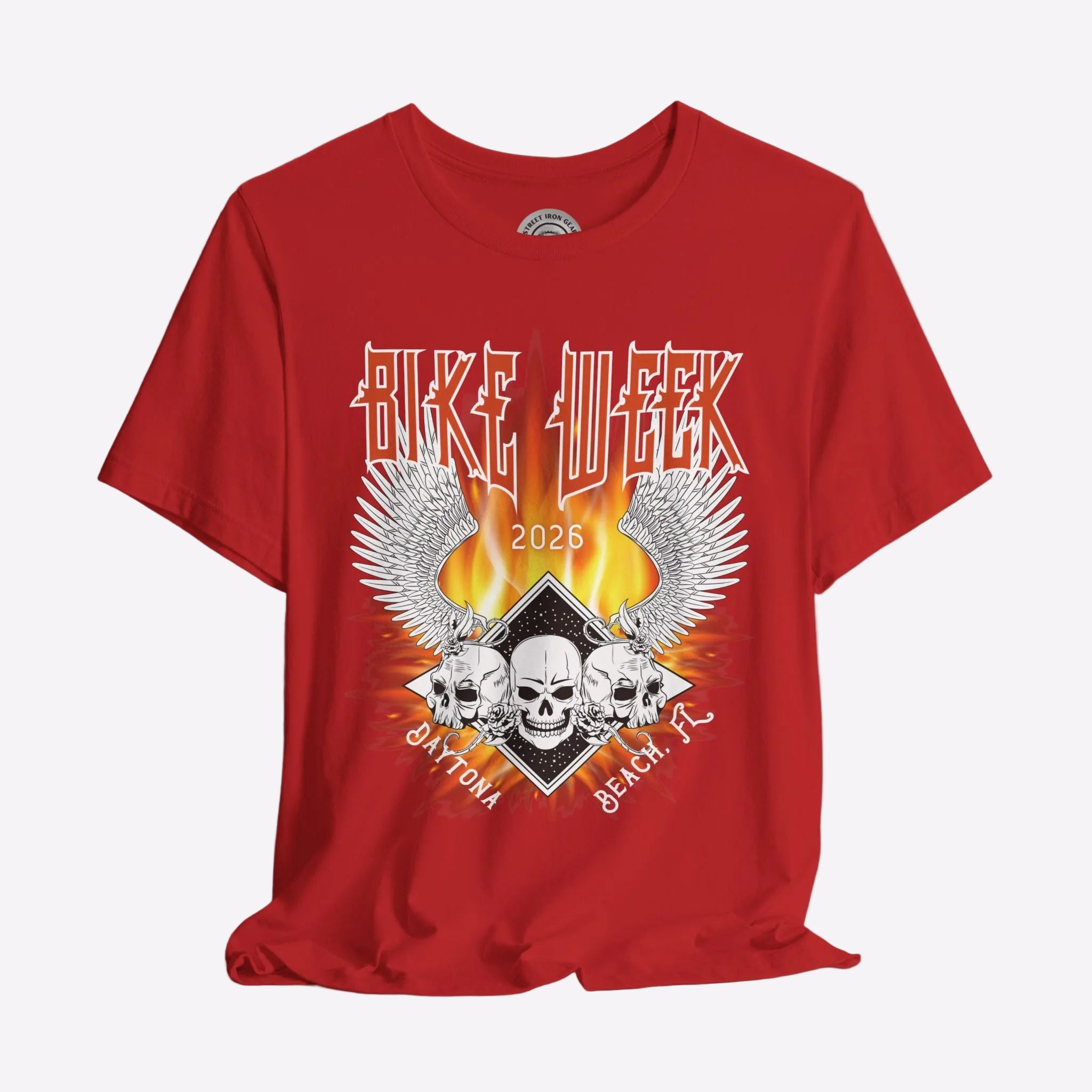 Red t-shirt with 'Bike Week 2023 Daytona Beach, FL' graphic design on a gray background