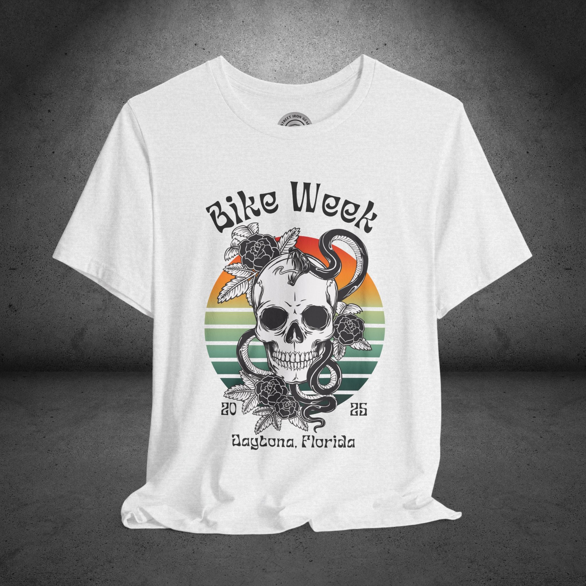 Ladies Daytona Bike Week 2025 Skull and Roses Crew Neck TShirt