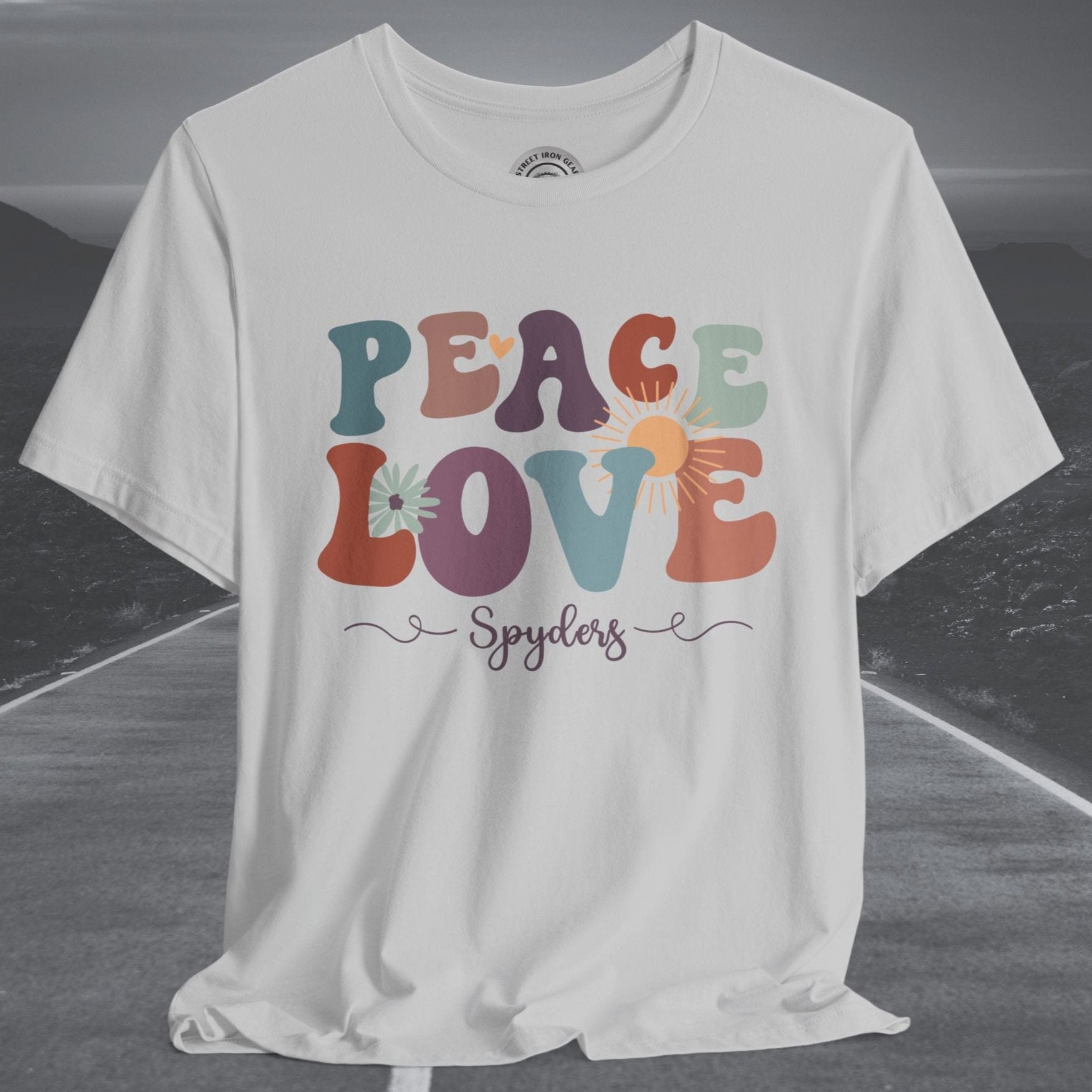 Ladies Retro Peace Love Spyders Crew Neck TShirt