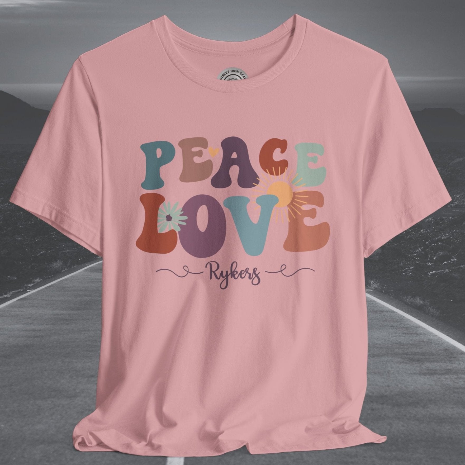 Ladies Retro Peace Love Rykers Crew Neck TShirt