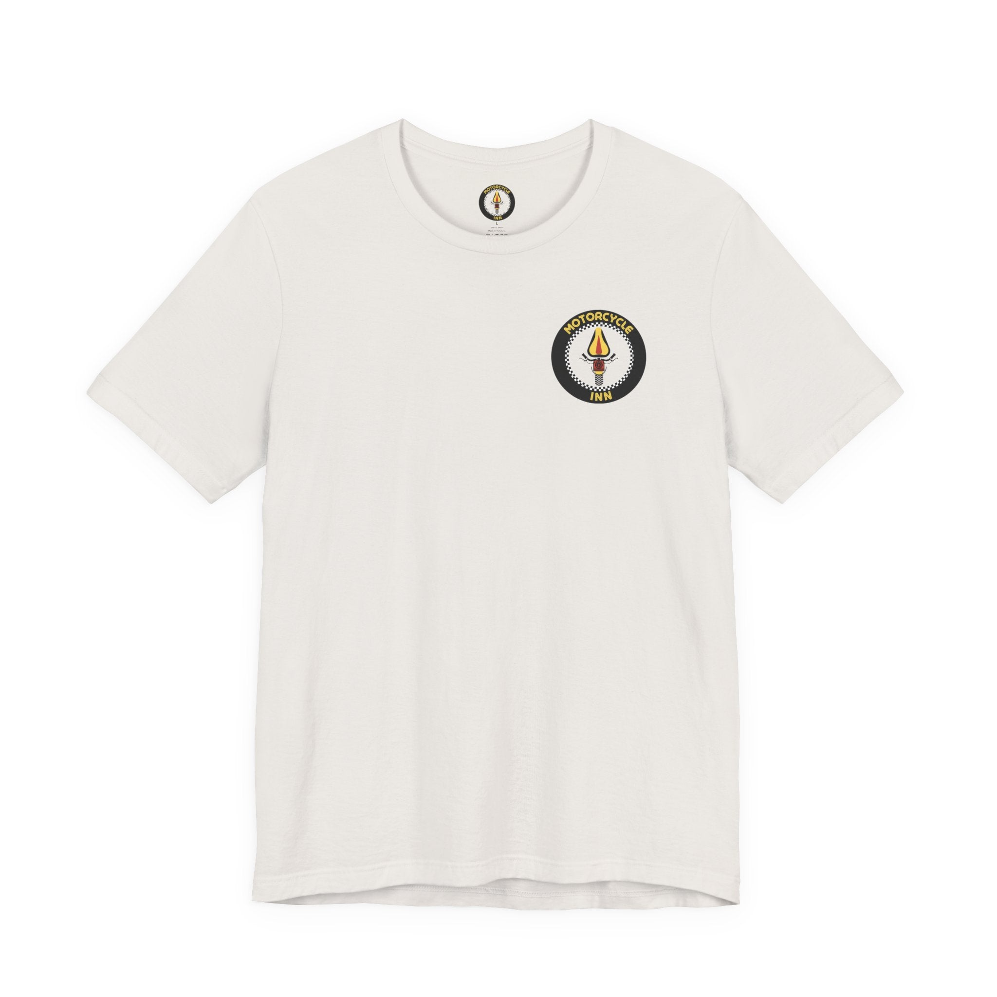 White t-shirt with a logo on the chest against a white background