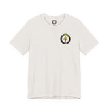 White t-shirt with a logo on the chest against a white background