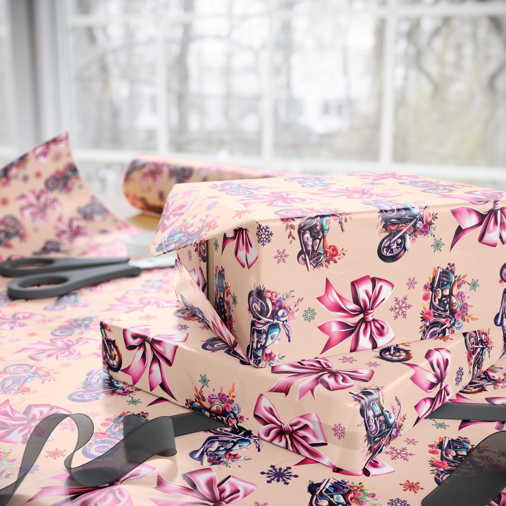 Cottagecore Motorcycle & Bows Gift Wrap | Peach Base