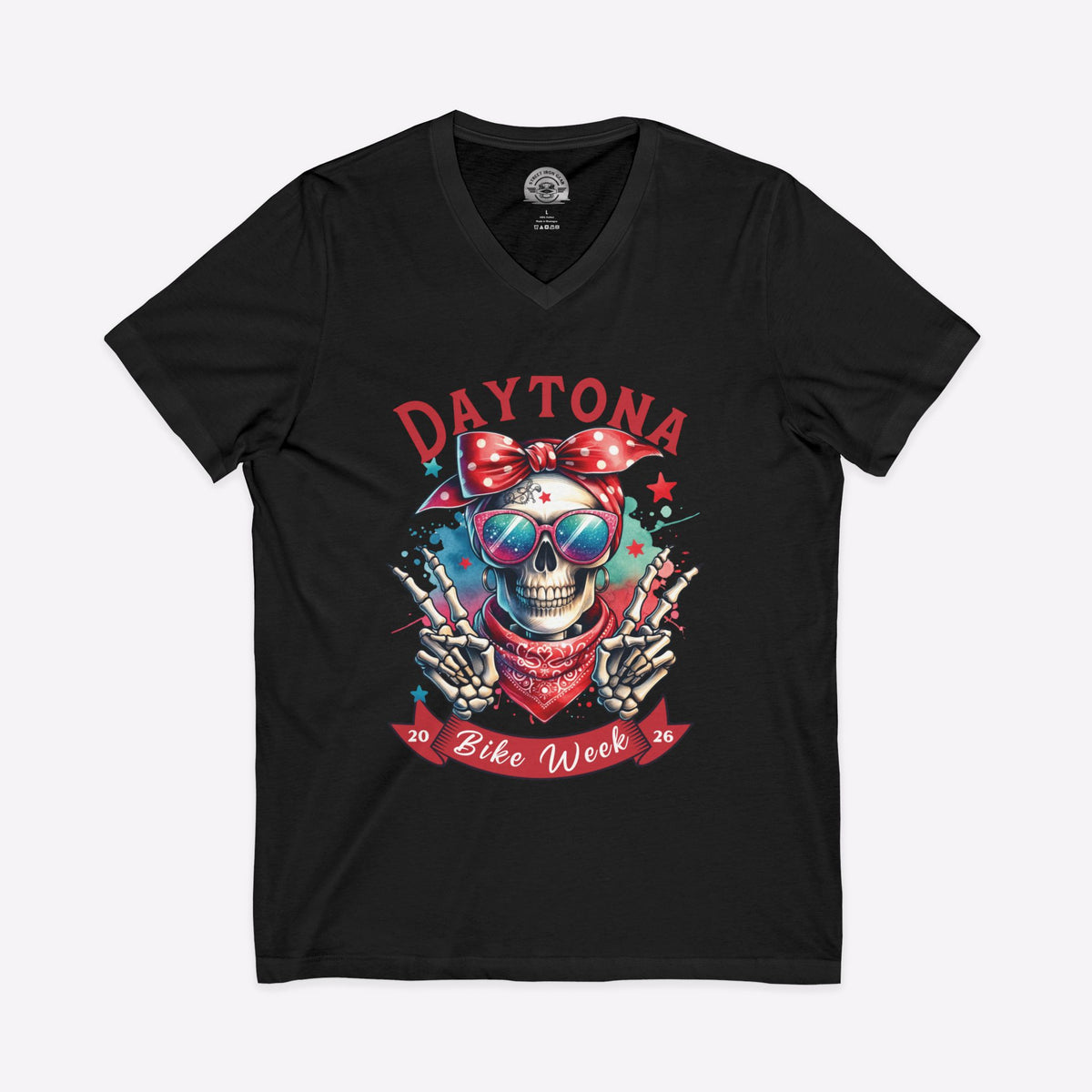 Daytona Bike Week 2026 Women's V-Neck | Hipster Skull & Bow Tee