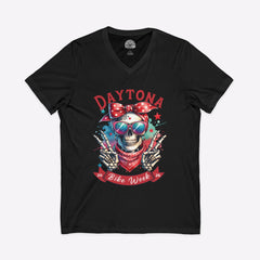 Daytona Bike Week 2026 Women's V-Neck | Hipster Skull & Bow Tee