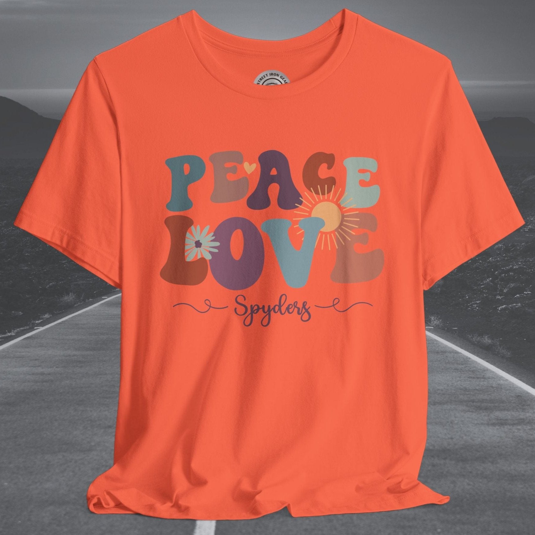 Ladies Retro Peace Love Spyders Crew Neck TShirt