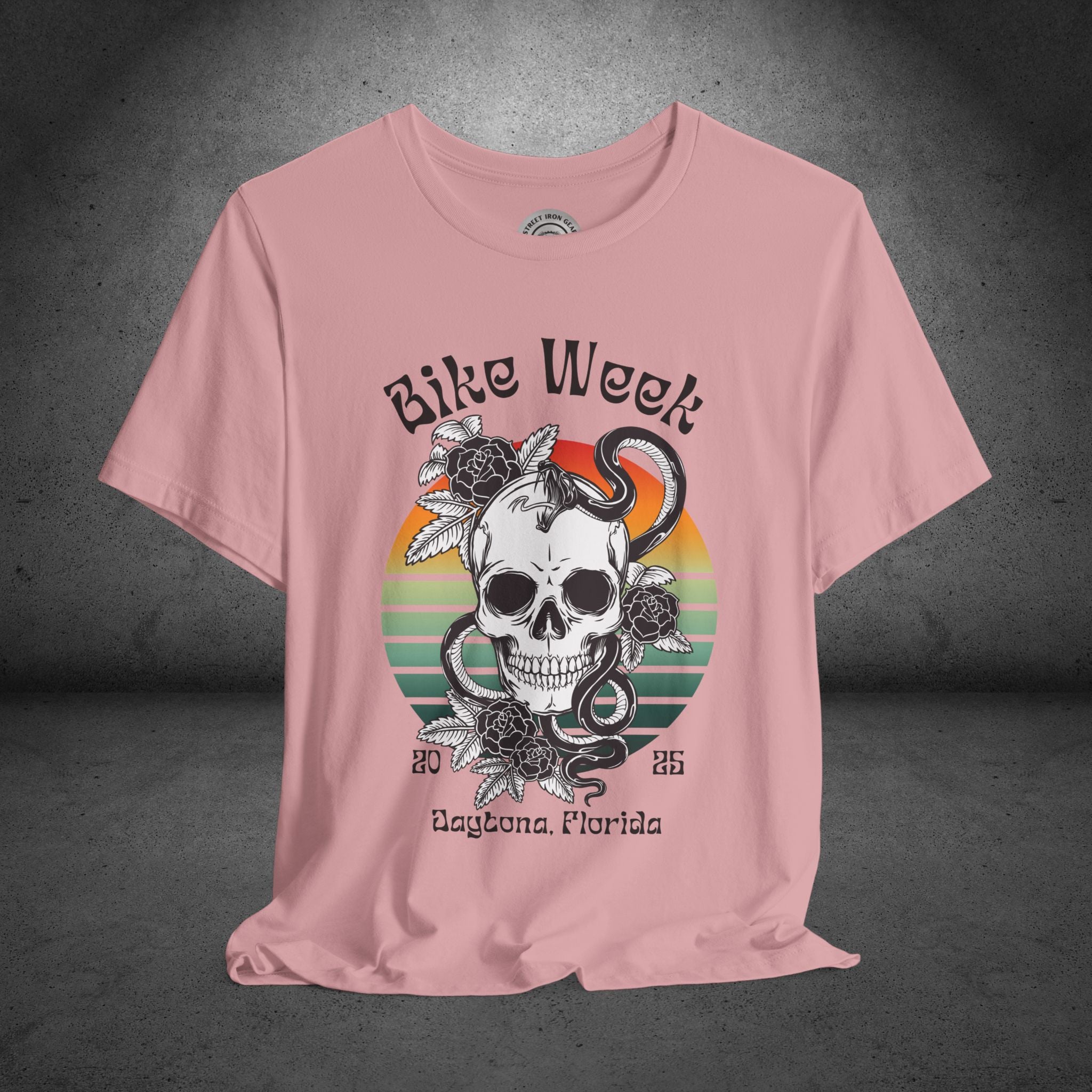 Ladies Daytona Bike Week 2025 Skull and Roses Crew Neck TShirt