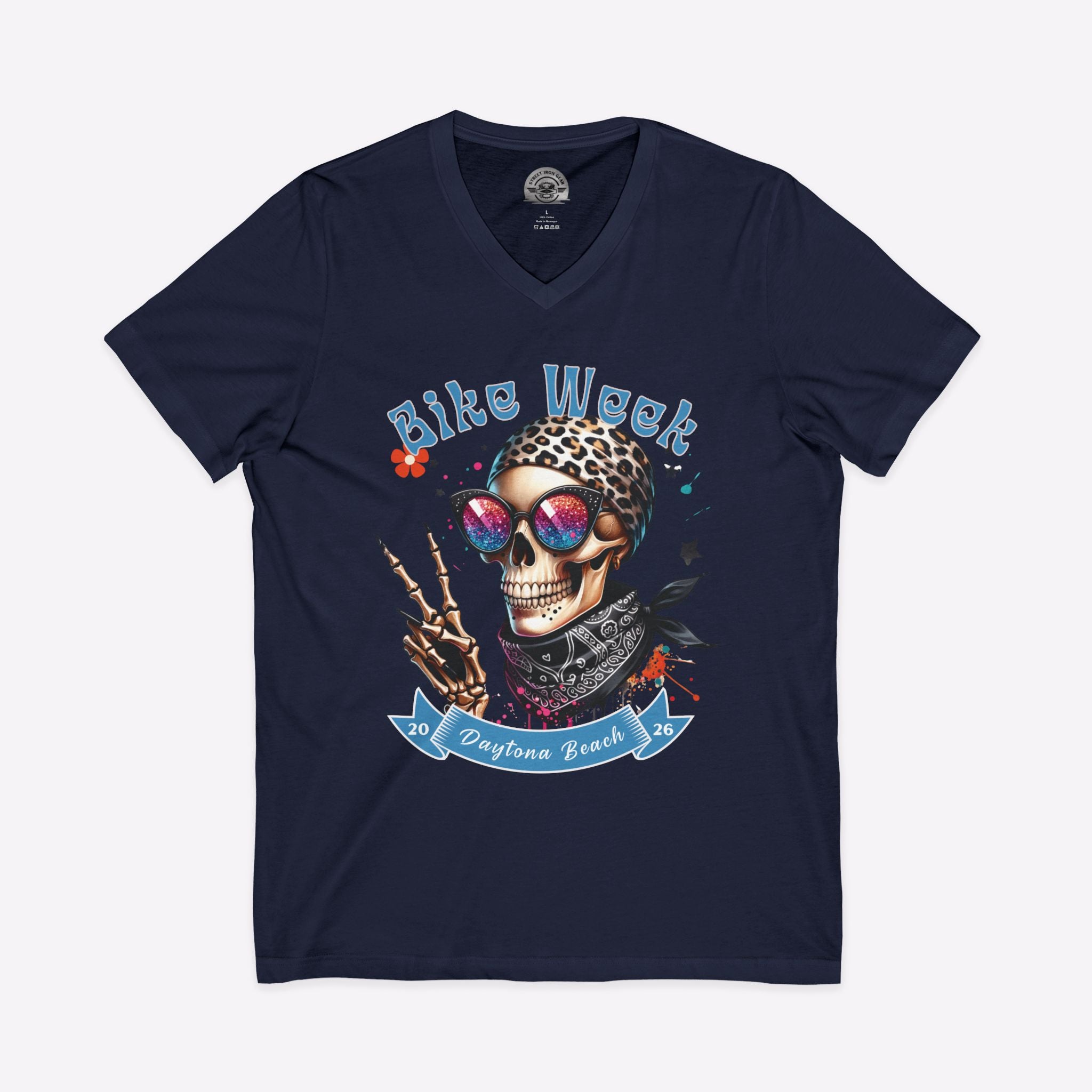 Daytona Bike Week 2026 Women's V-Neck | Hipster Skull Biker Tee