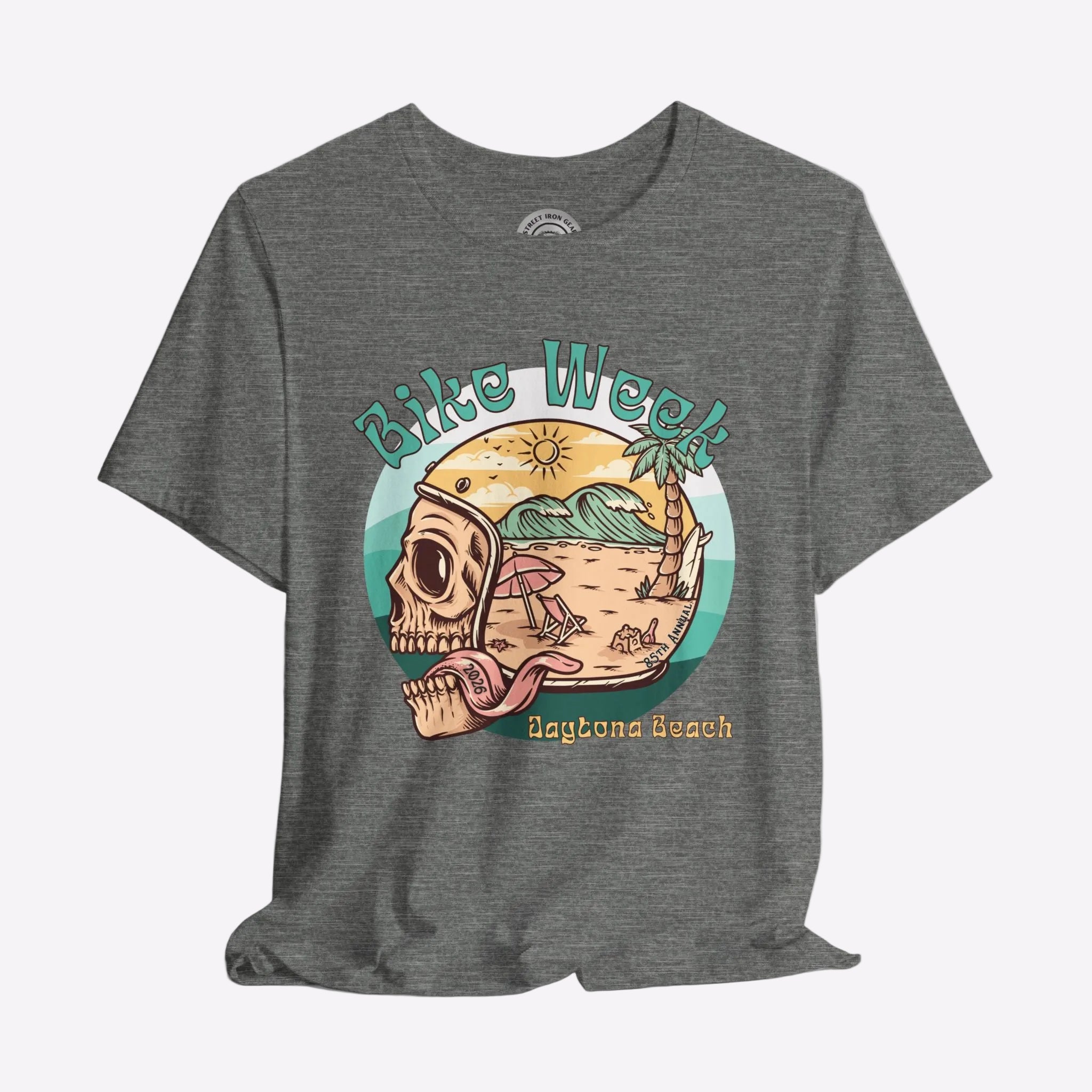 Gray t-shirt with a graphic design of a skull, beach scene, and 'Bike Week Daytona Beach' text on a gray background.