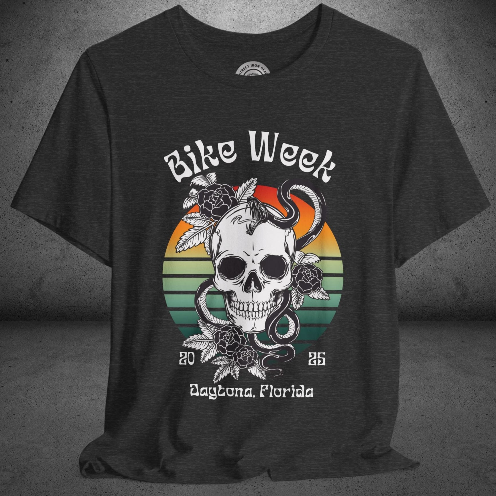 Ladies Daytona Bike Week 2025 Skull and Roses Crew Neck TShirt