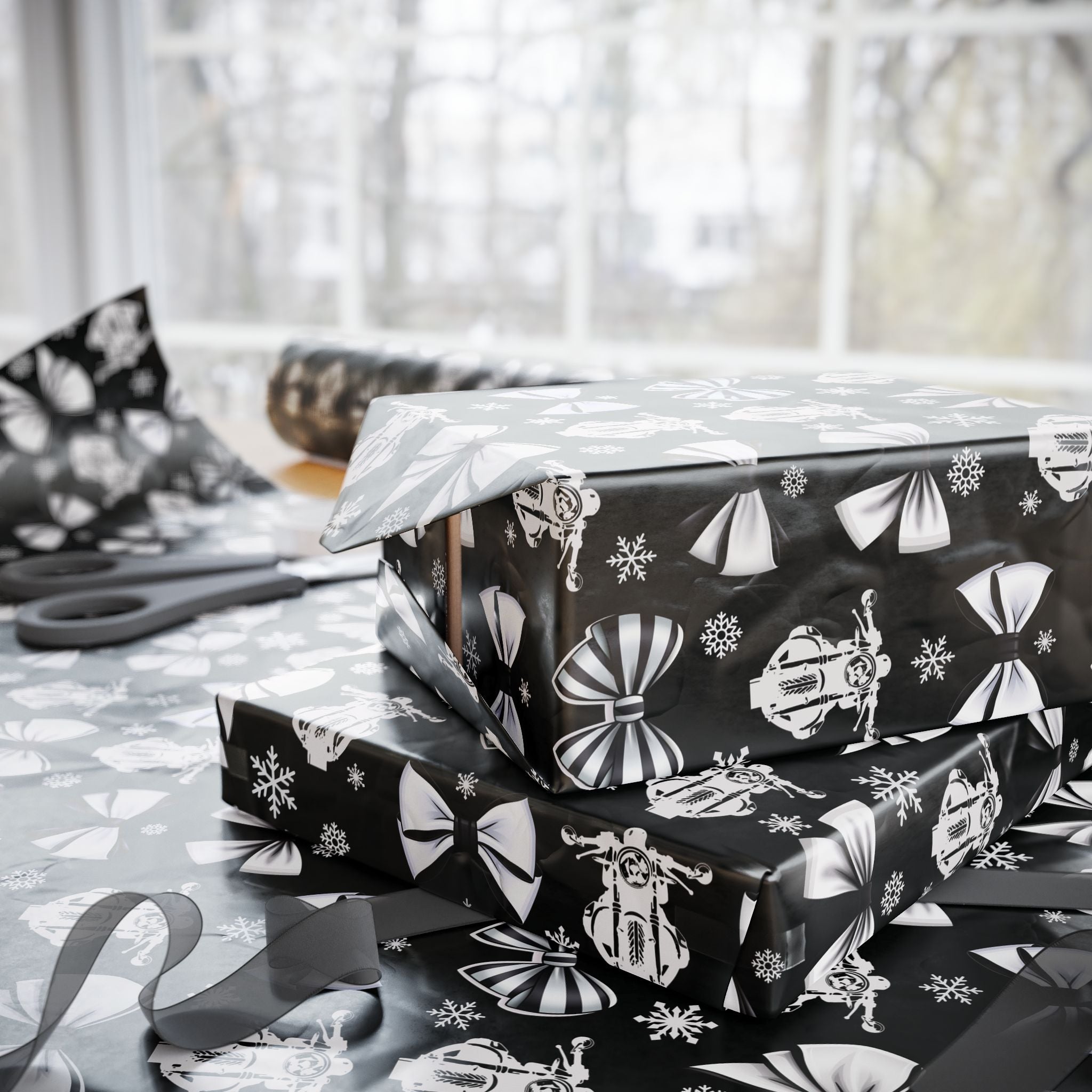 Motorcycle & Bows Black Holiday Gift Wrap