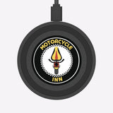 Round black sign with motorcycle graphic and 'Motorcycle Inn' text on a white background