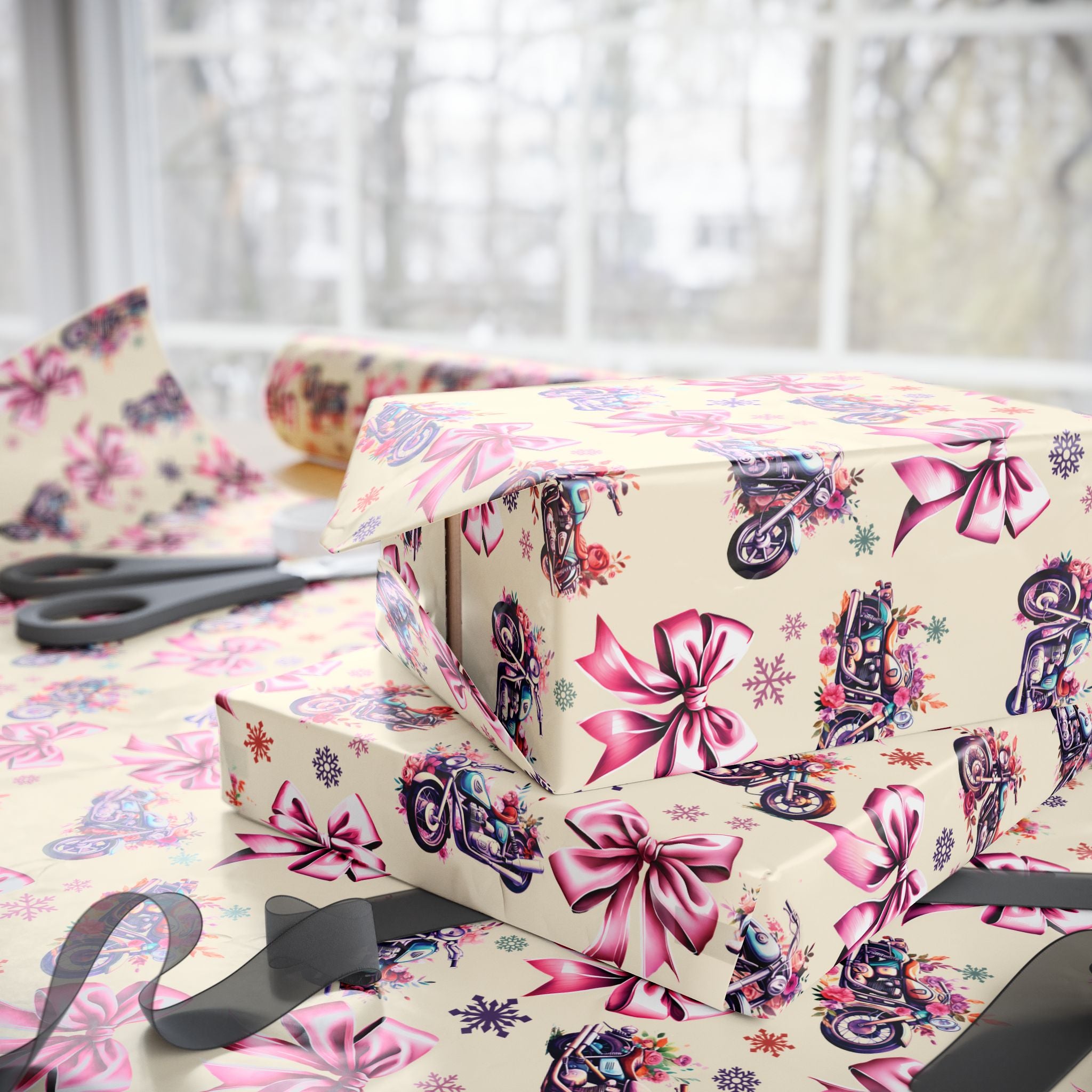 Cottagecore Coquette Bow Motorcycle Gift Wrap | Cream Base