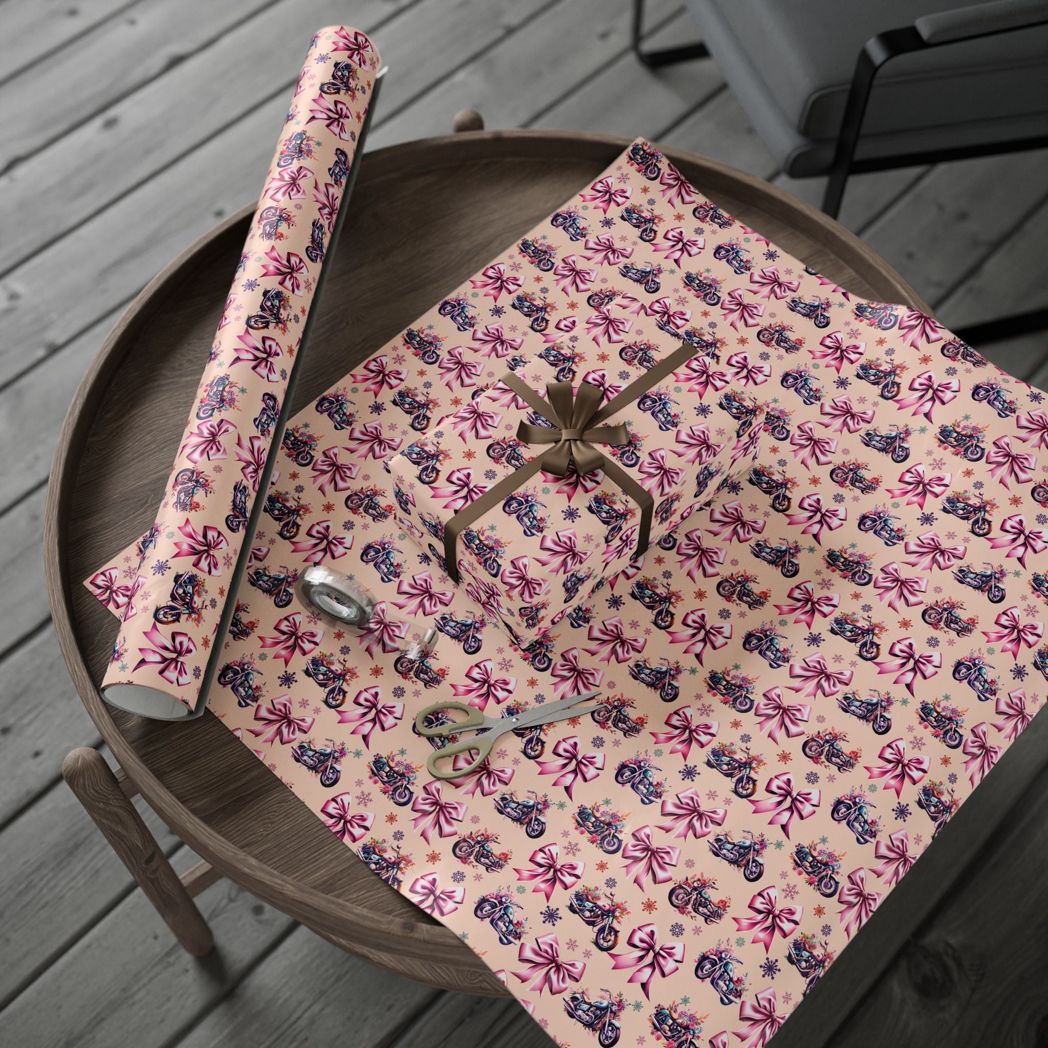 Cottagecore Motorcycle & Bows Gift Wrap | Peach Base