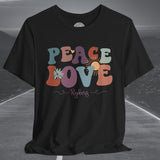 Ladies Retro Peace Love Rykers Crew Neck TShirt