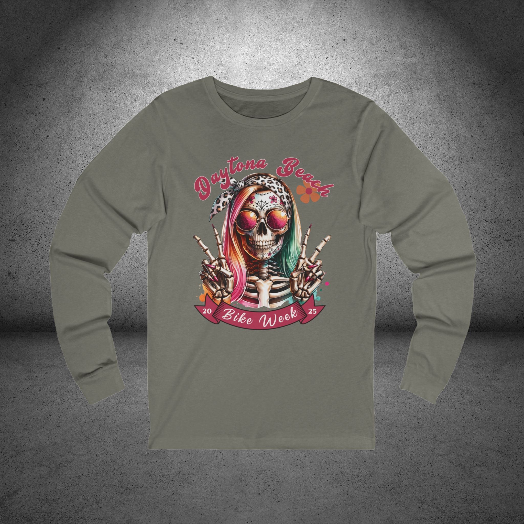 Ladies Daytona Bike Week 2025 Hipster Skull Long Sleeve Crew Neck TShirt