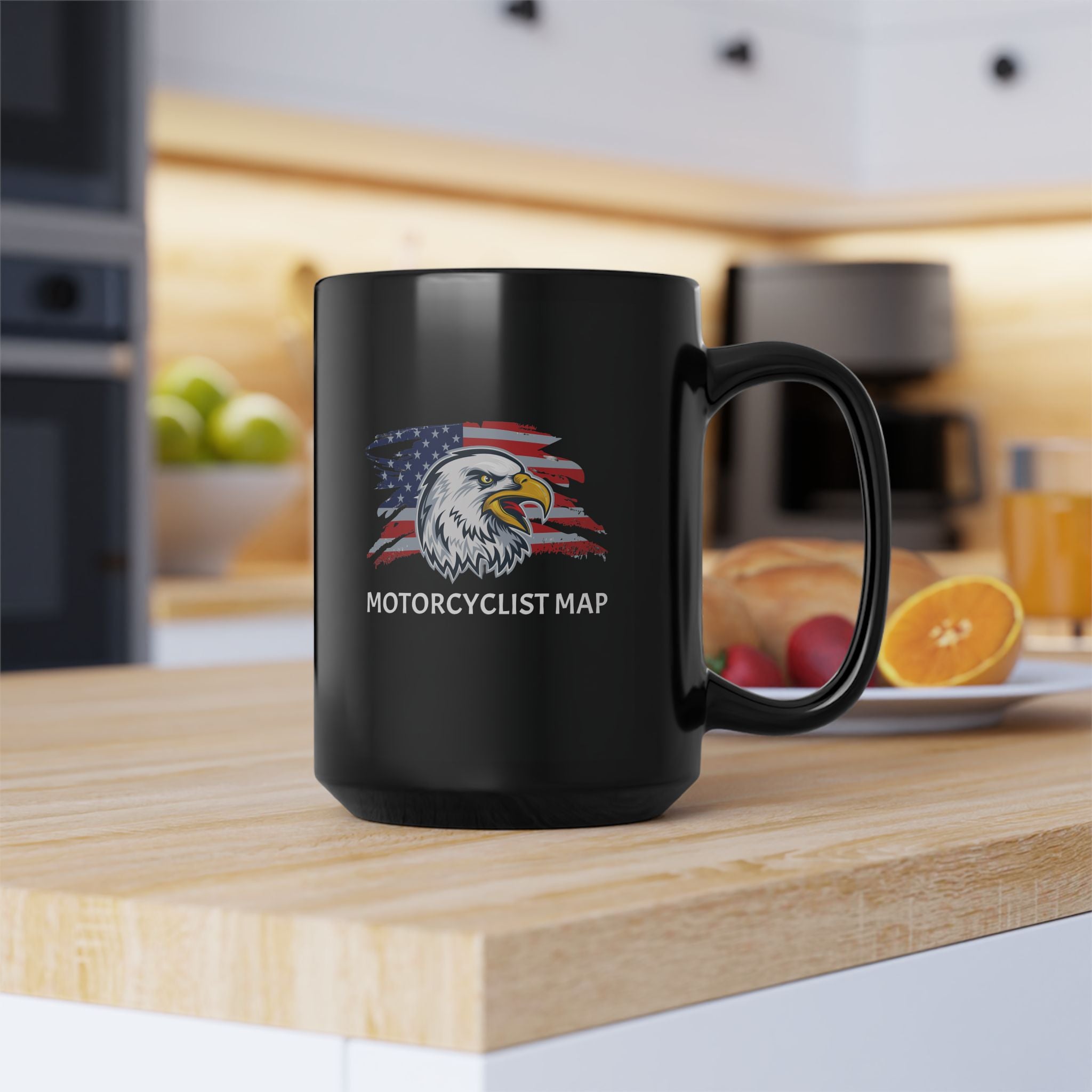 Motorcyclist Map Eagle Black Coffee Mug, 15oz