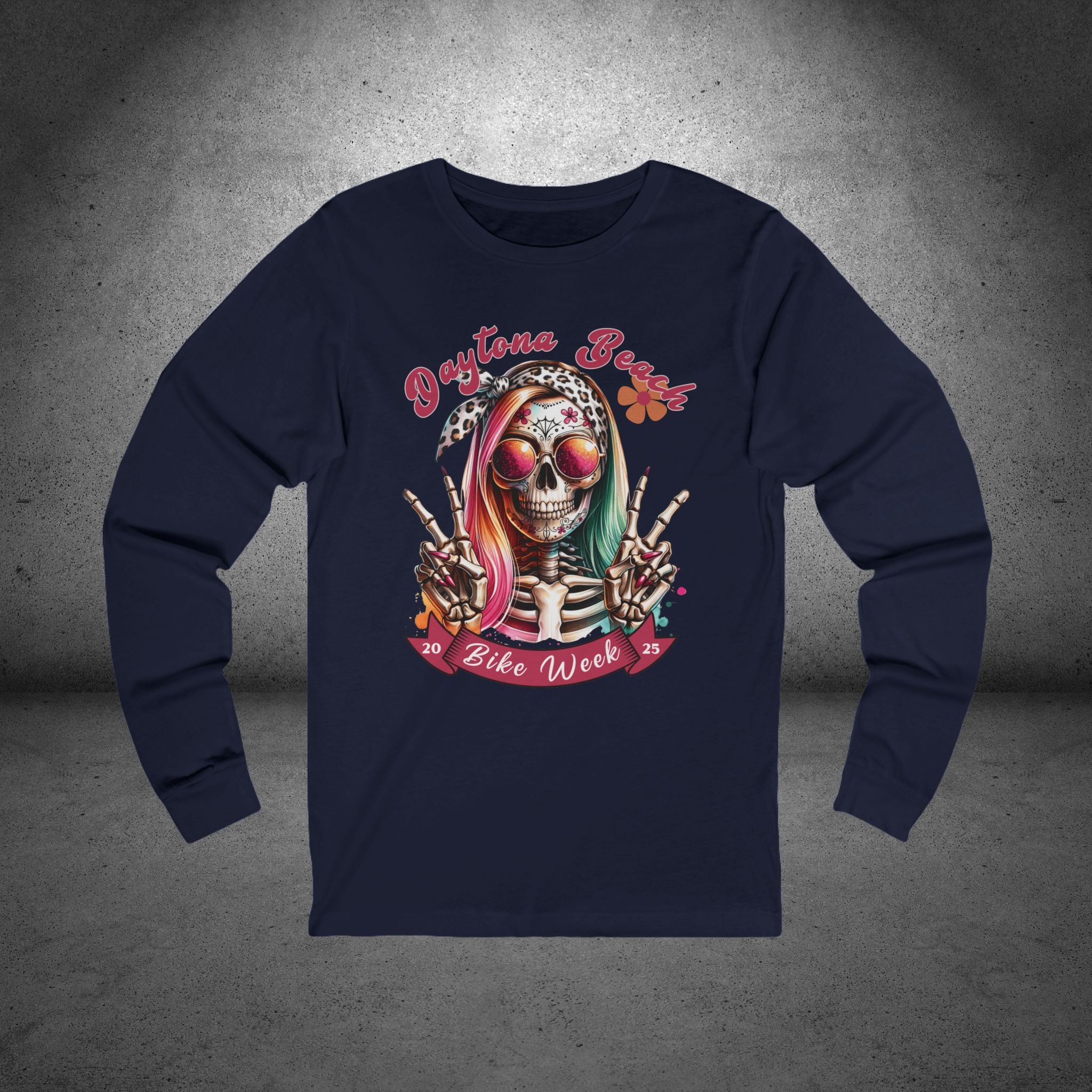 Ladies Daytona Bike Week 2025 Hipster Skull Long Sleeve Crew Neck TShirt