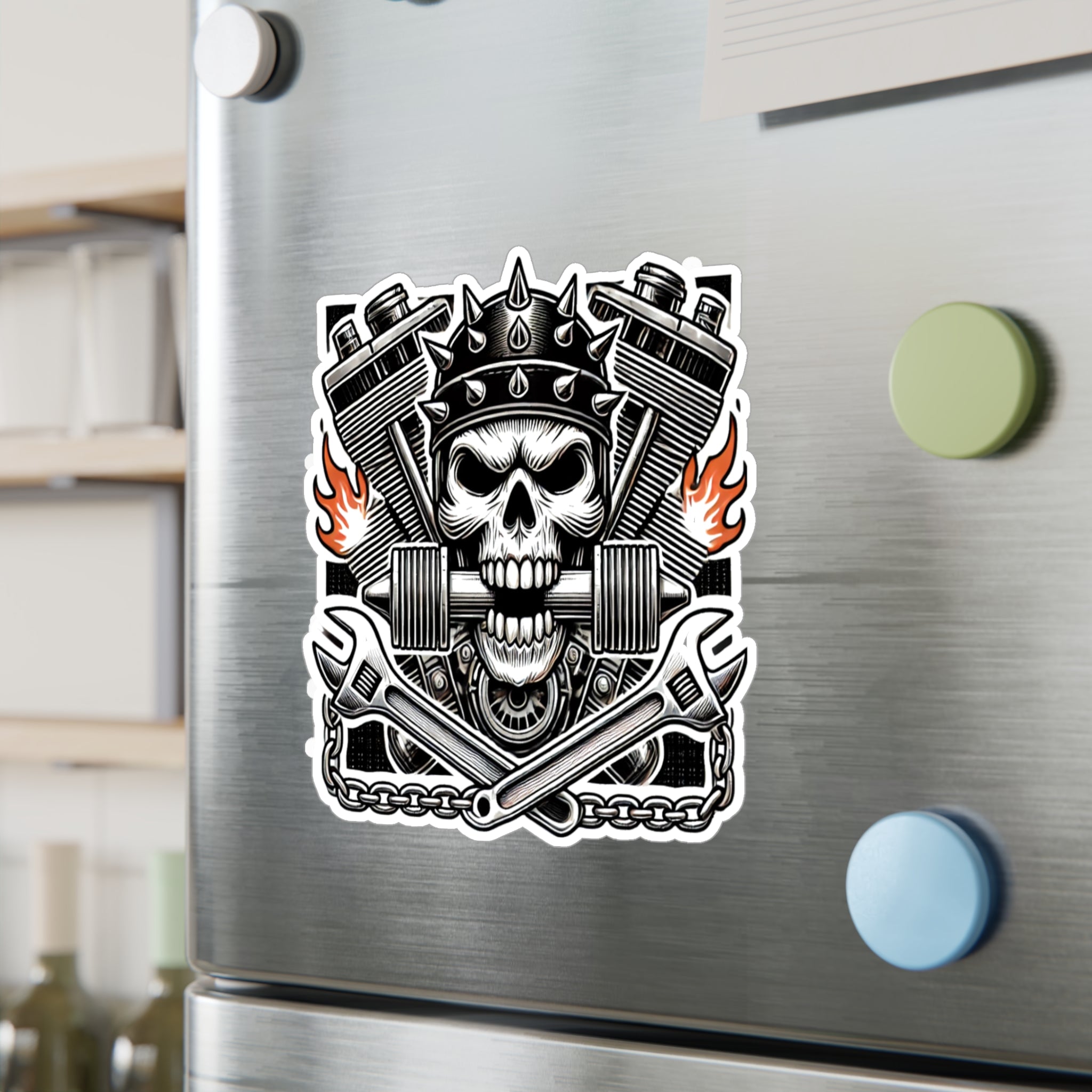 Gearhead Skull, Pistons & Flames Motorcycle Decal