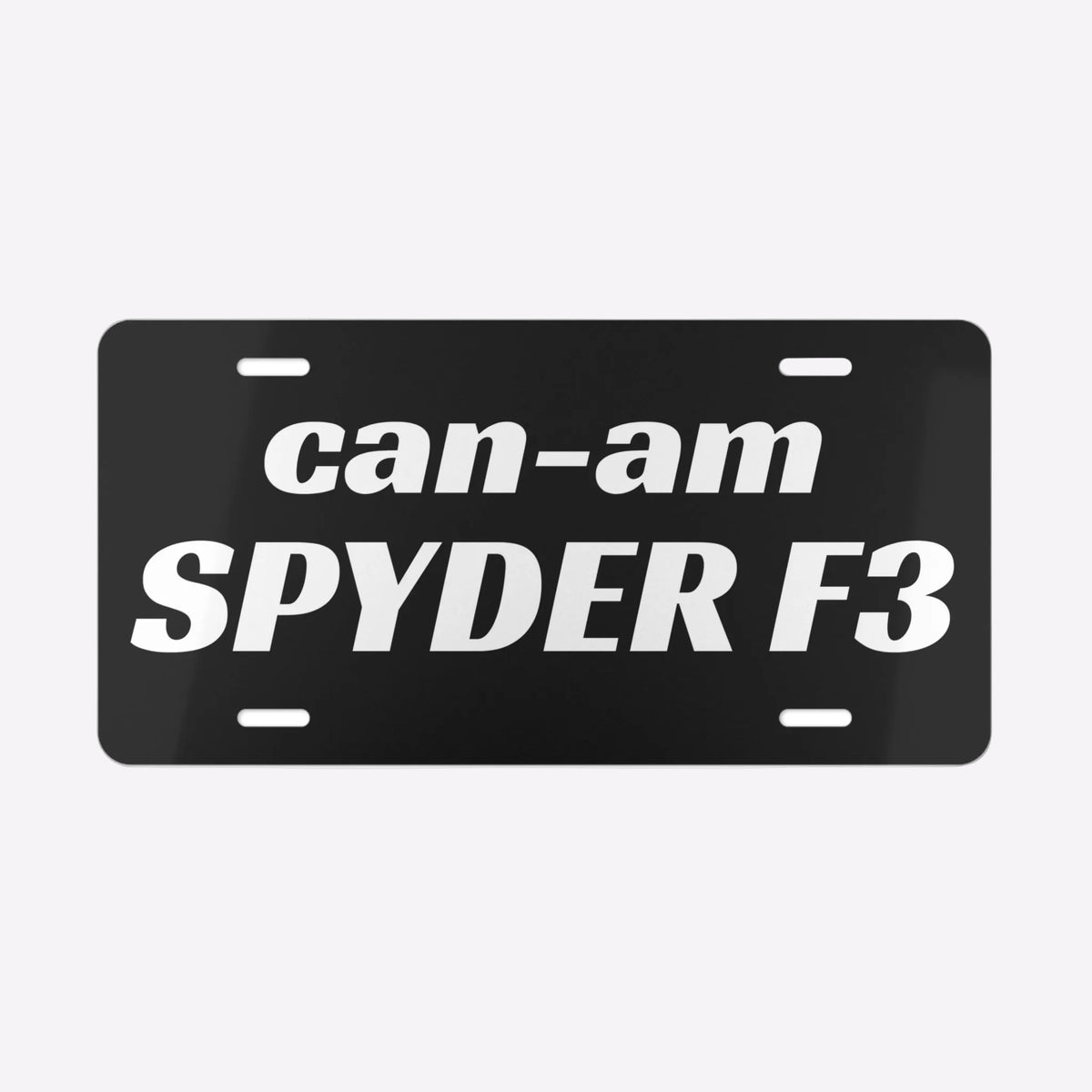 Black license plate with 'can-am SPYDER F3' text on a white background
