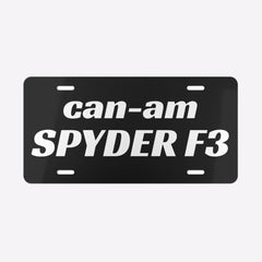 Black license plate with 'can-am SPYDER F3' text on a white background