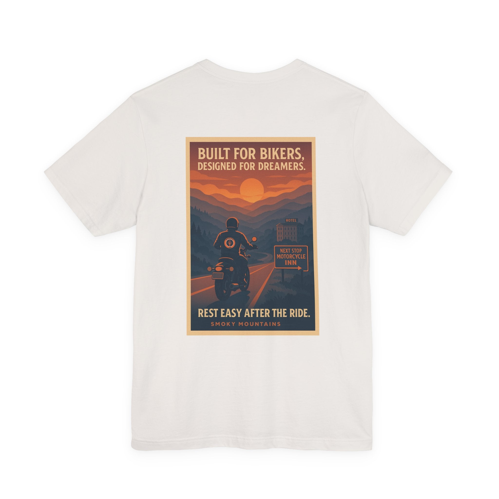 White t-shirt with a graphic design on the back featuring a motorcycle and text.