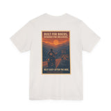 White t-shirt with a graphic design on the back featuring a motorcycle and text.