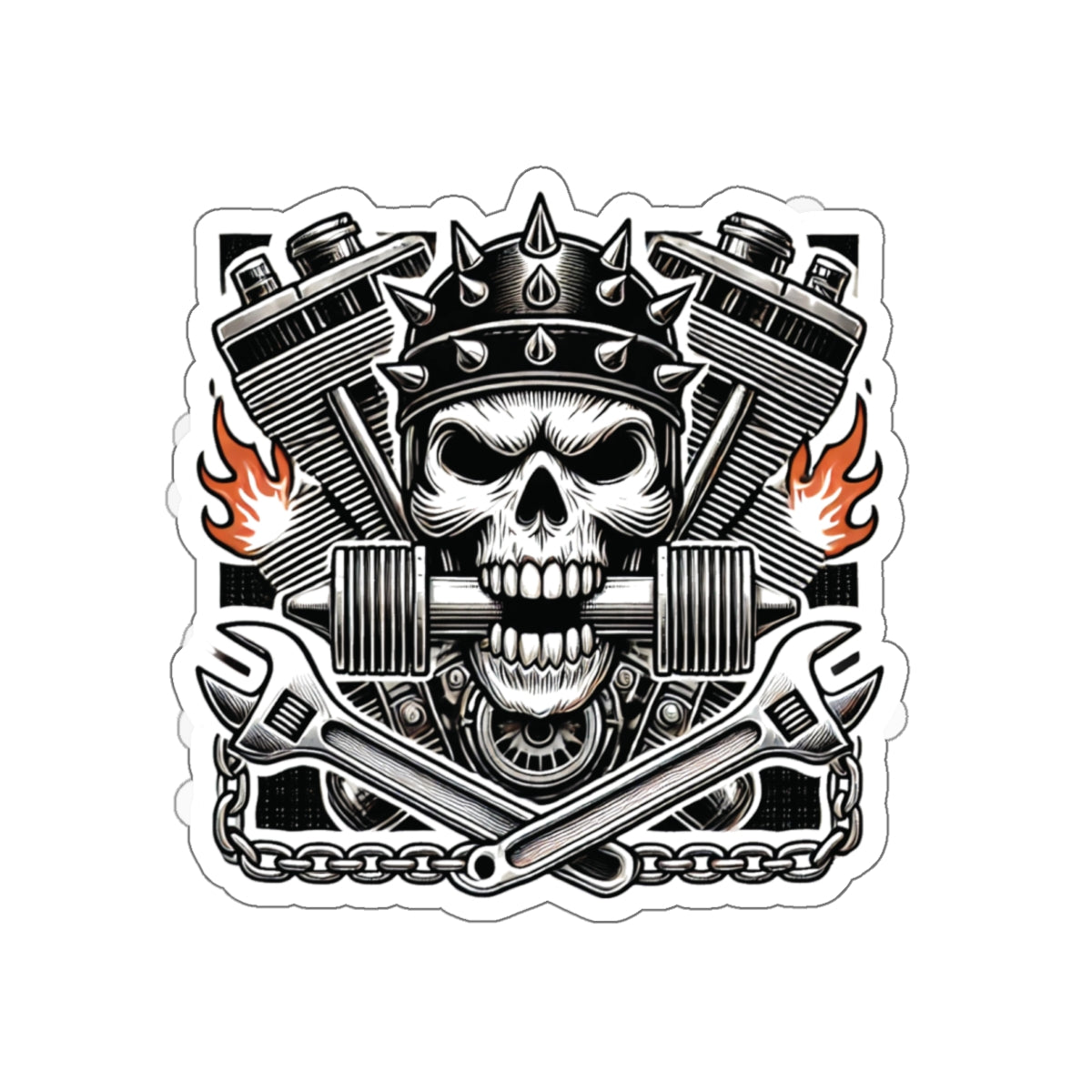 Gearhead Skull, Pistons & Flames Motorcycle Decal