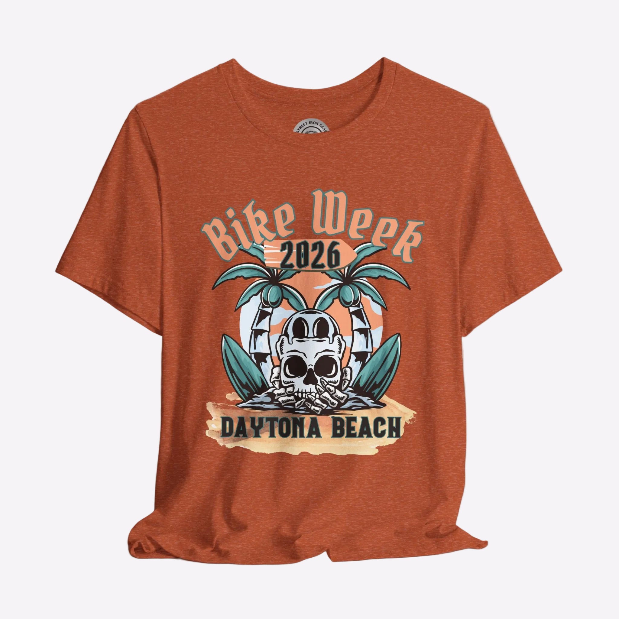 Orange t-shirt with 'Bike Week 2026 Daytona Beach' graphic design on a gray background