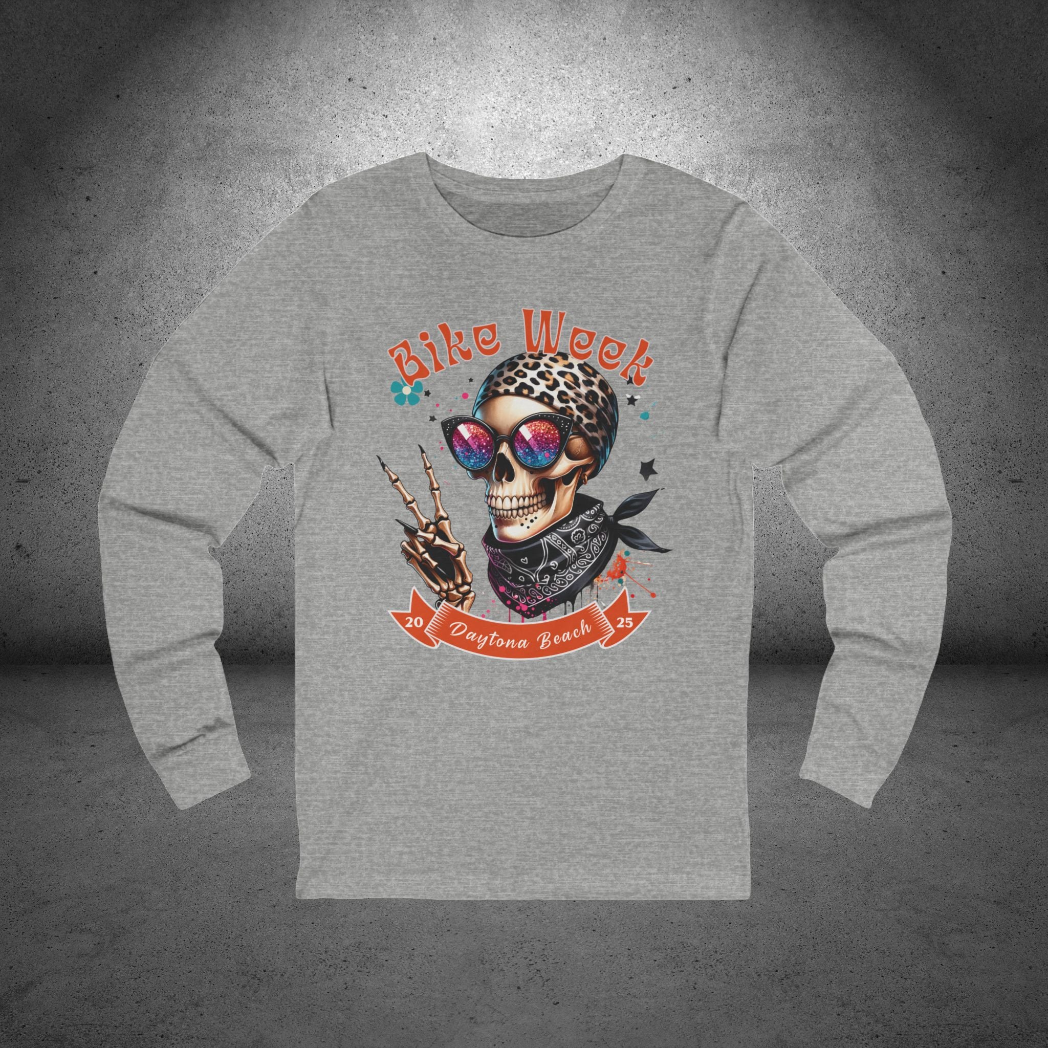 Ladies Daytona Bike Week 2025 Hipster Skull Long Sleeve Crew Neck TShirt