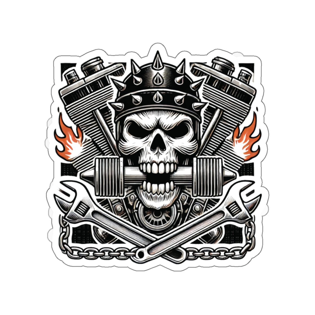 Gearhead Skull, Pistons & Flames Motorcycle Decal