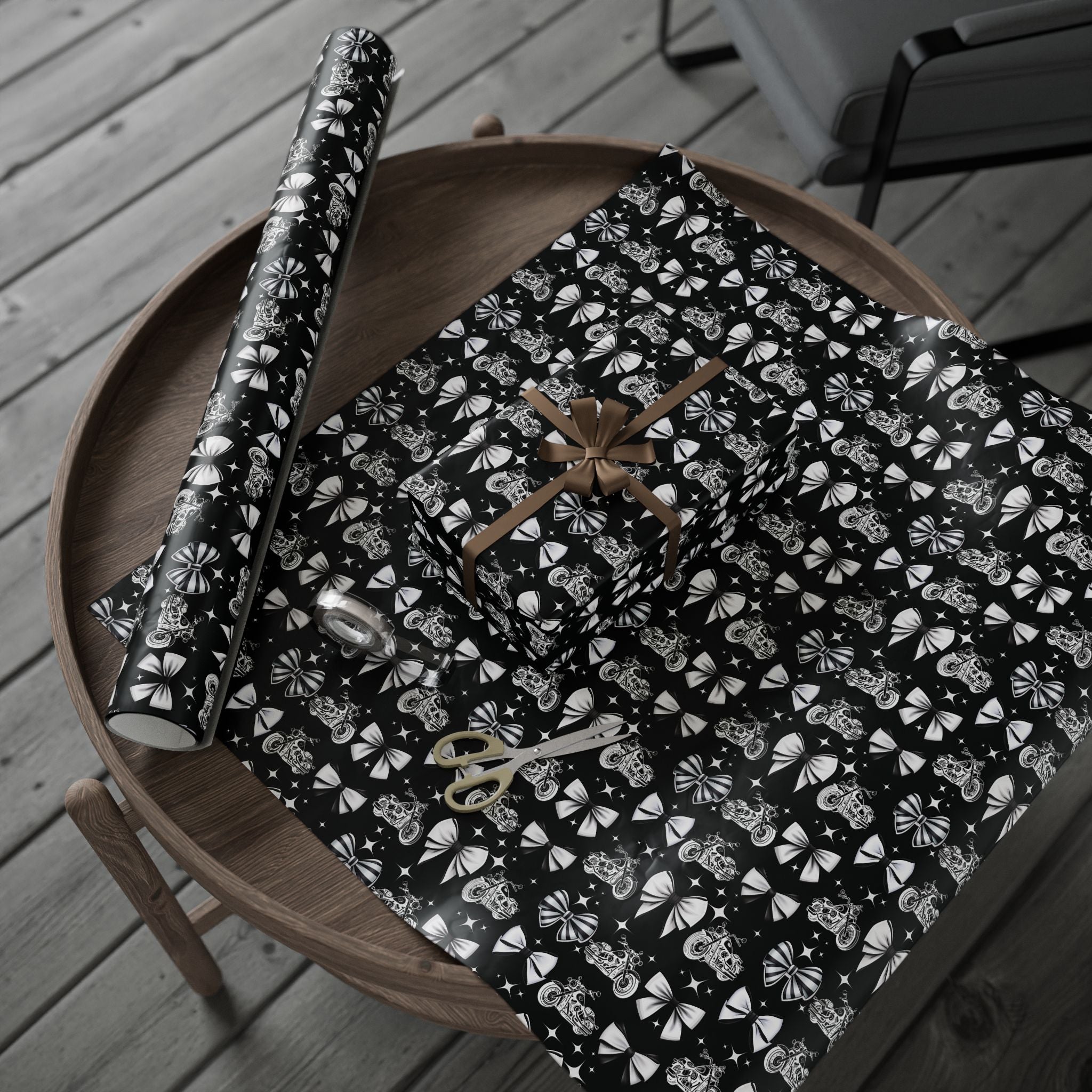 Motorcycles and Bows Black Gift Wrapping Paper