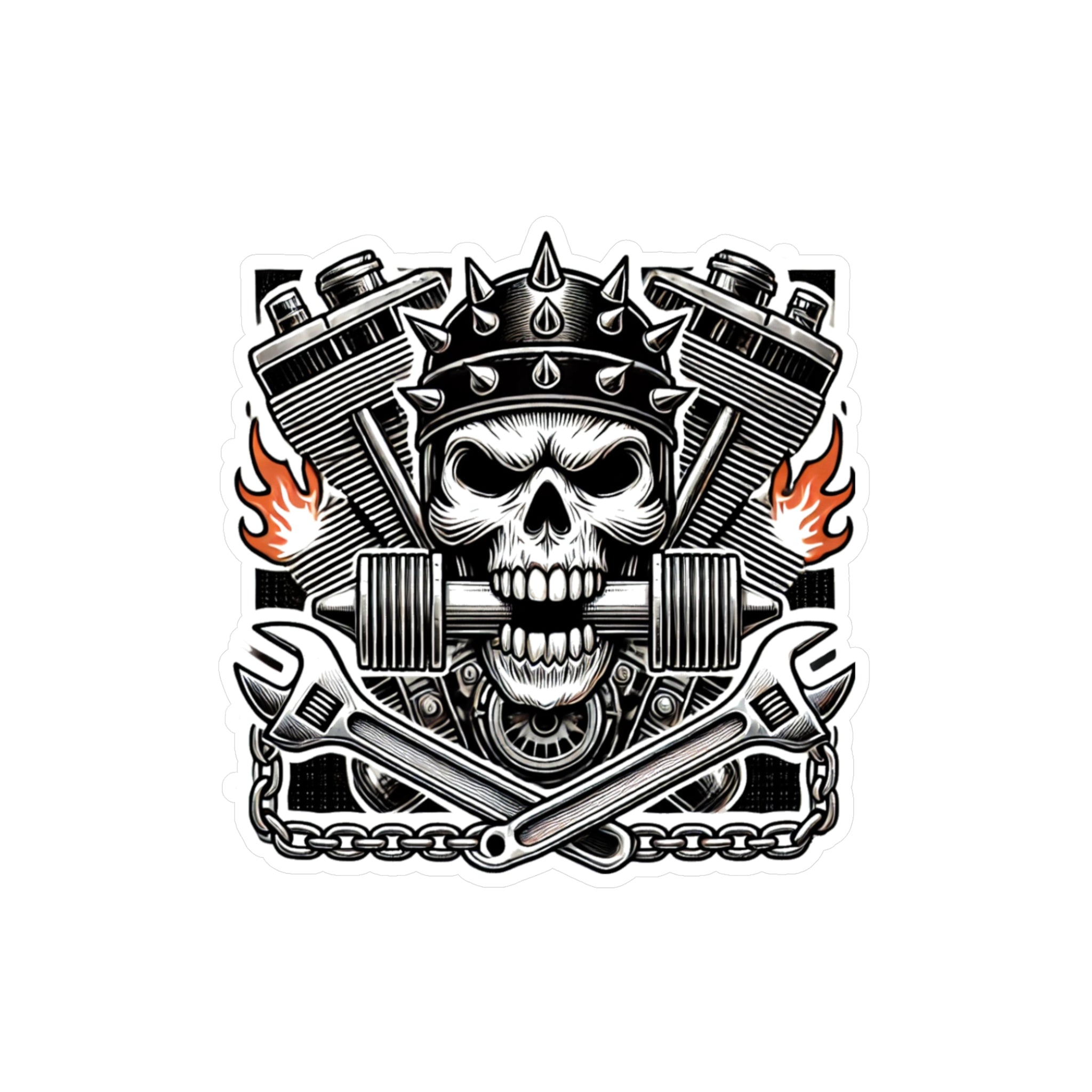 Gearhead Skull, Pistons & Flames Motorcycle Decal