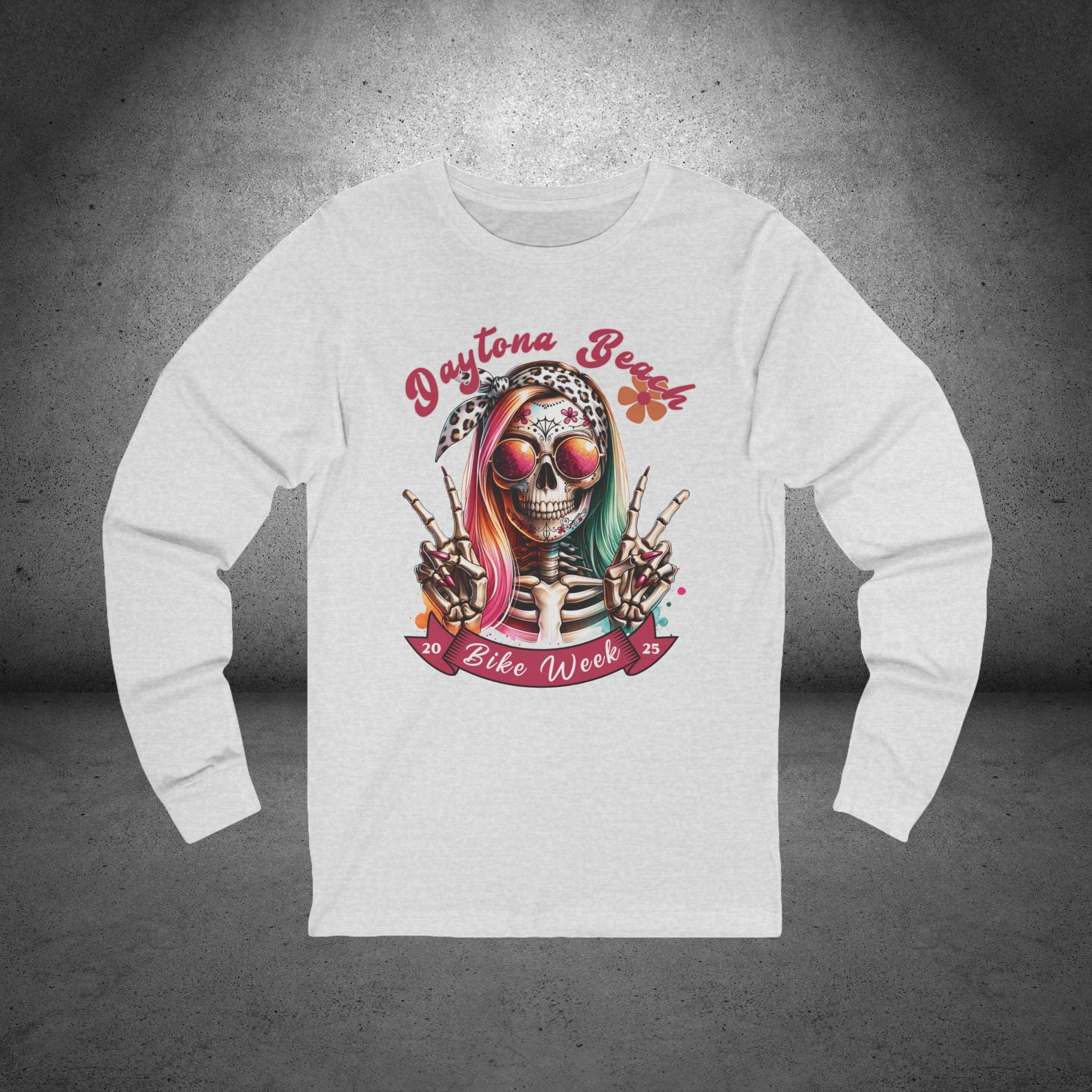 Ladies Daytona Bike Week 2025 Hipster Skull Long Sleeve Crew Neck TShirt