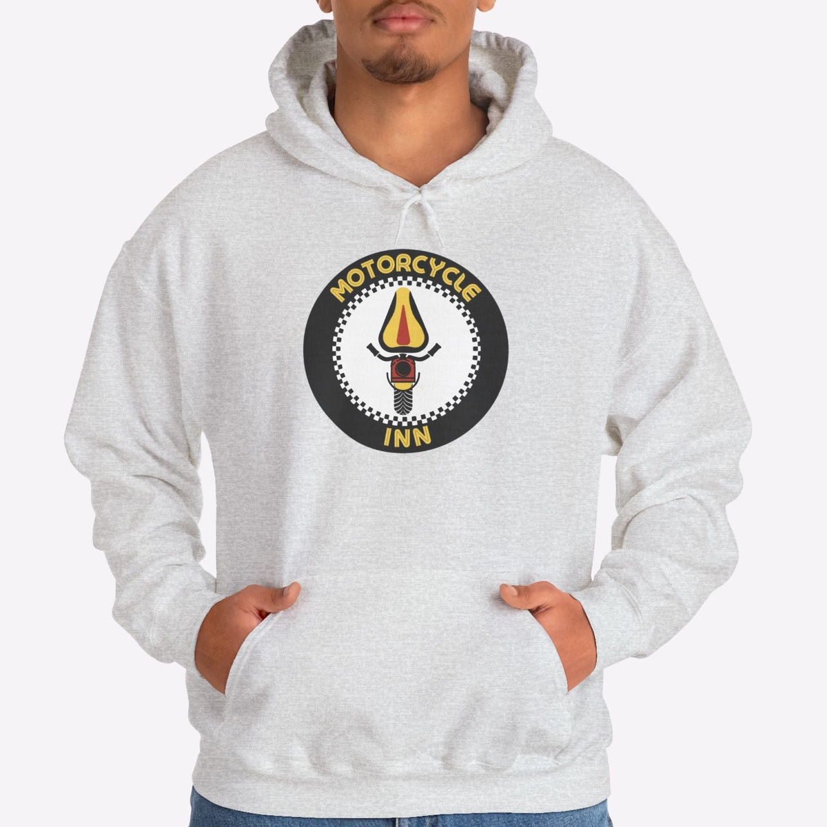 Person wearing a white hoodie with a logo on a white background