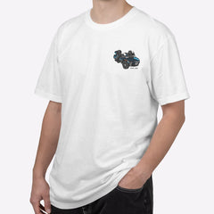 Man wearing a white t-shirt with '101' printed on it against a white background
