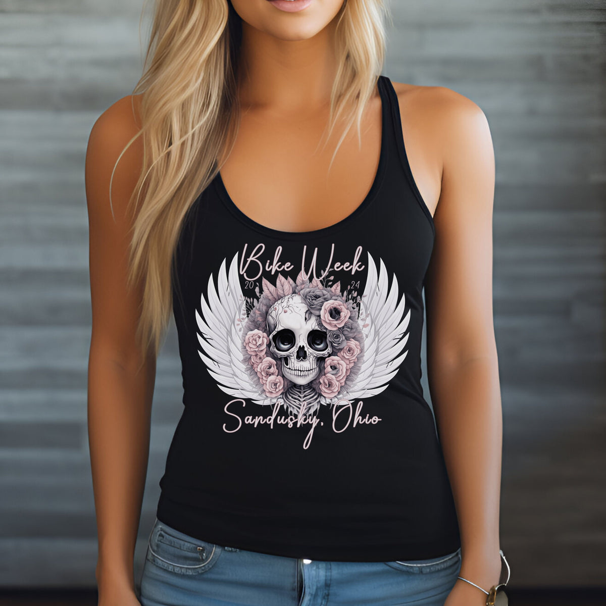 Ohio Bike Rally 2024 Cottagecore Skull Racerback Tank