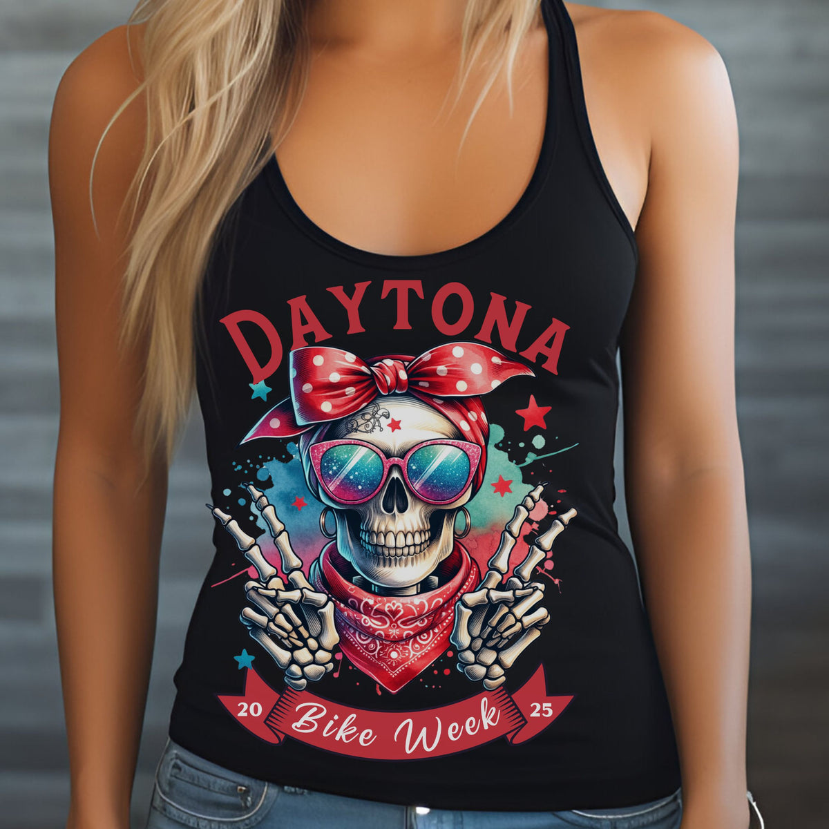 Ladies Daytona Bike Week 2025 Hipster Skull Racerback Tank