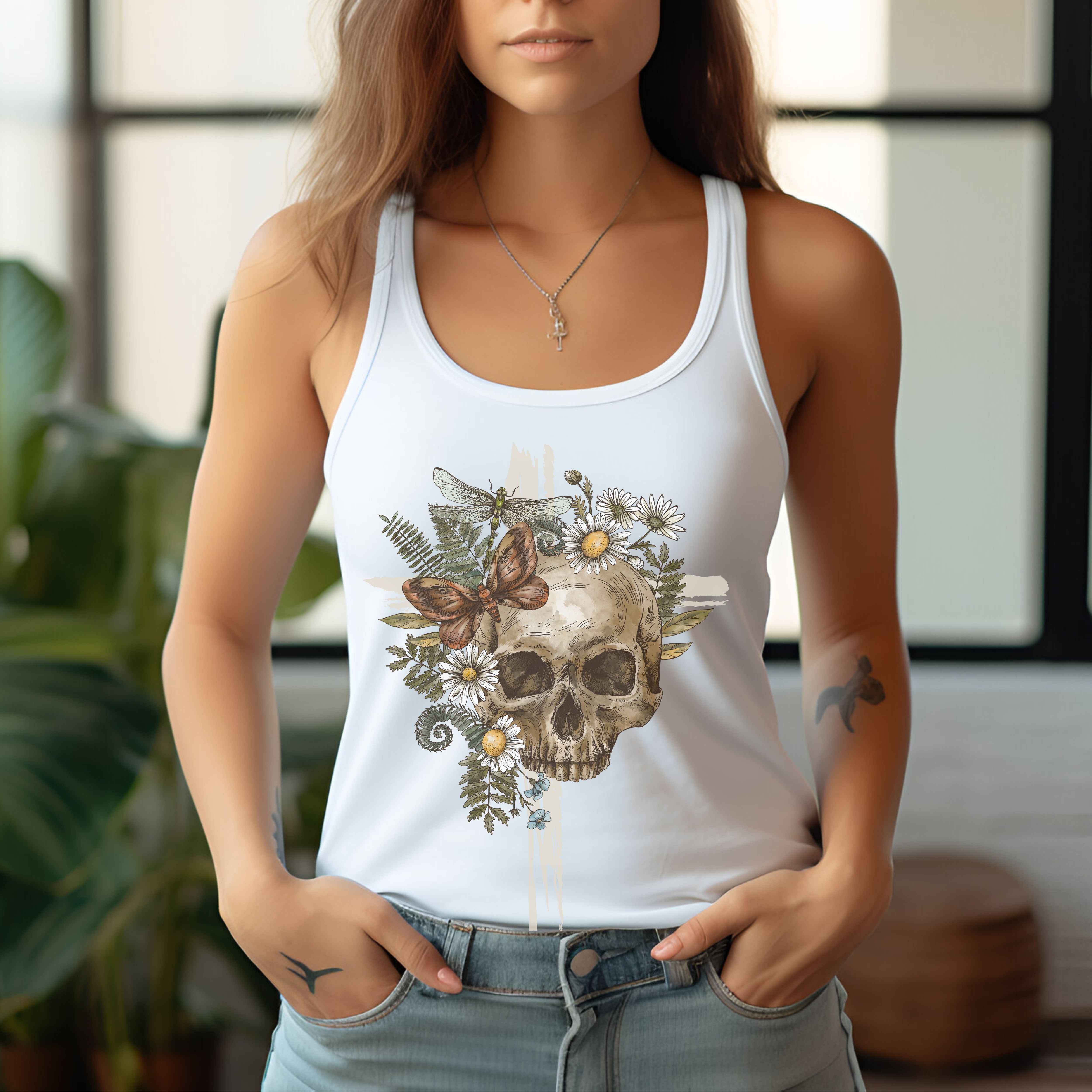 Cottagecore Skull and Cross Racerback Tank Top