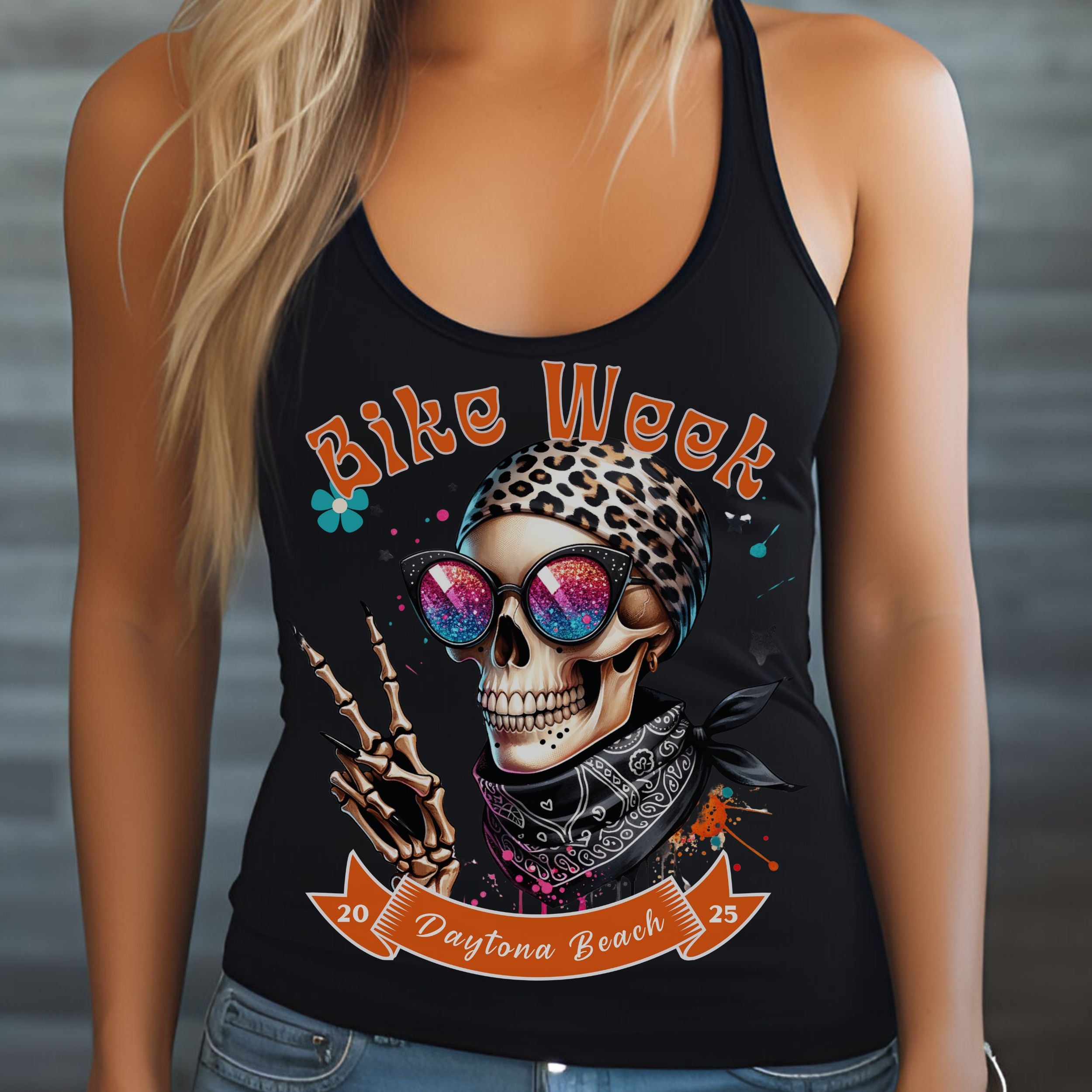 Ladies Daytona Bike Week 2025 Hipster Skull Racerback Tank