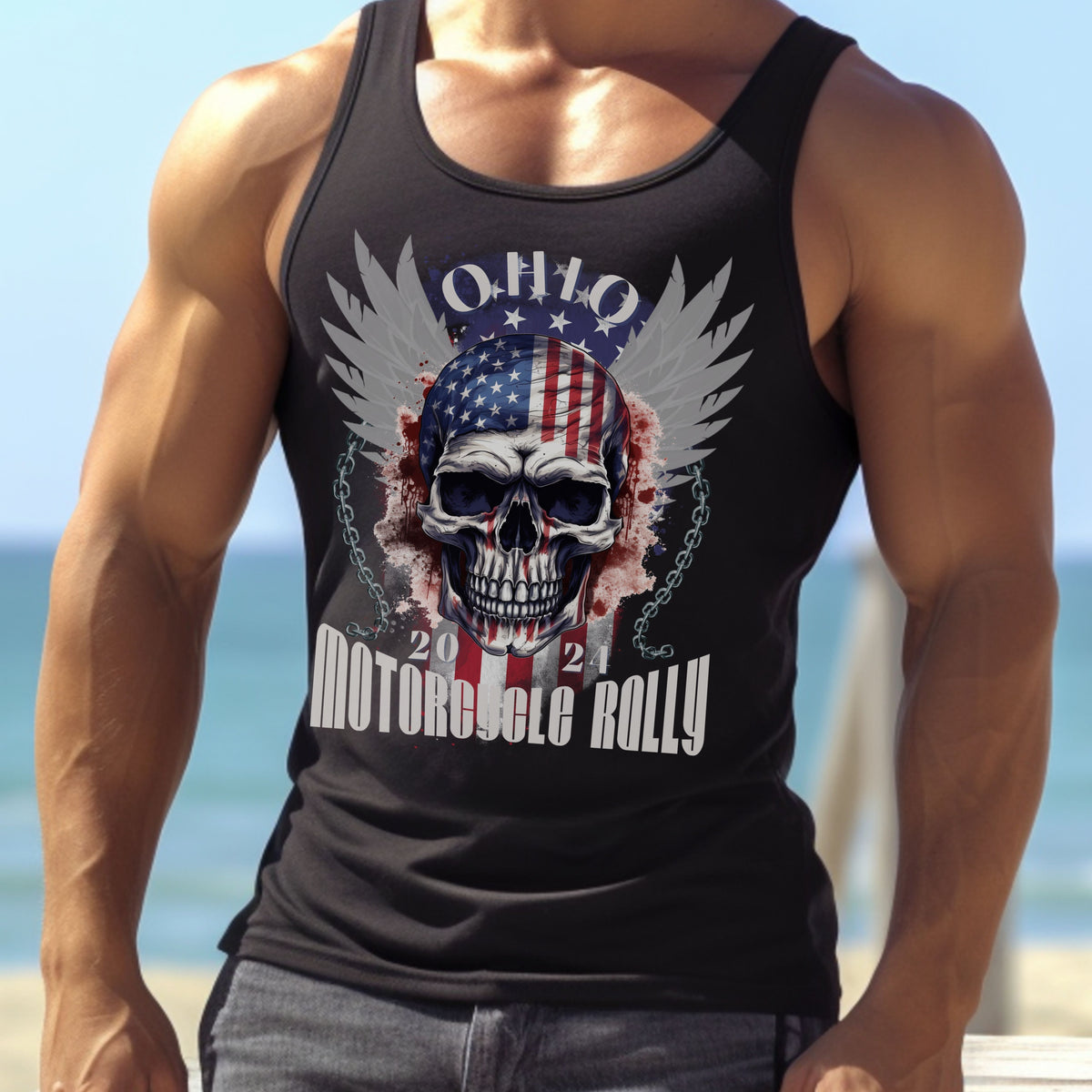 Ohio Bike Rally 2024 Patriotic Skull Jersey Tank Street Iron Gear