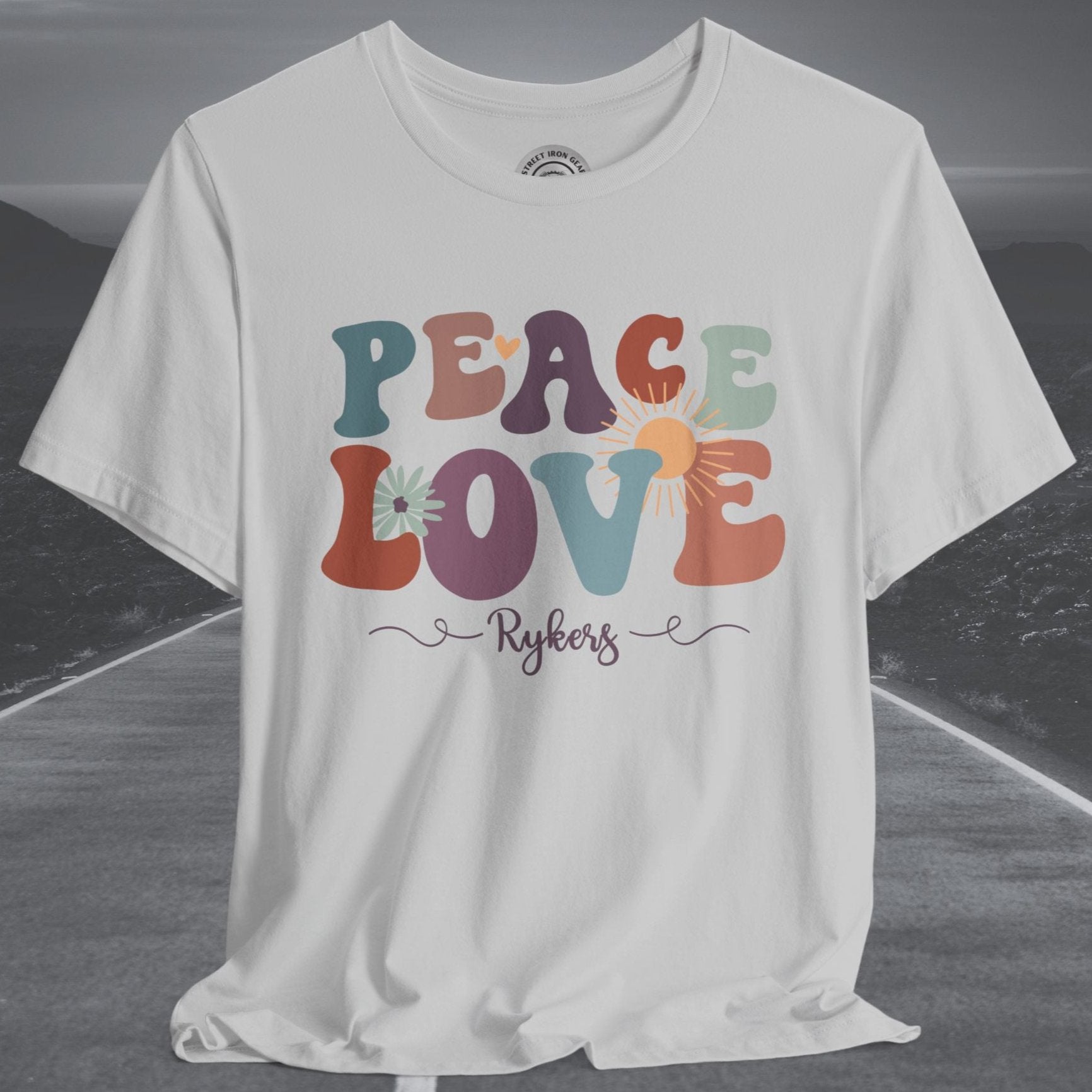 Ladies Retro Peace Love Rykers Crew Neck TShirt