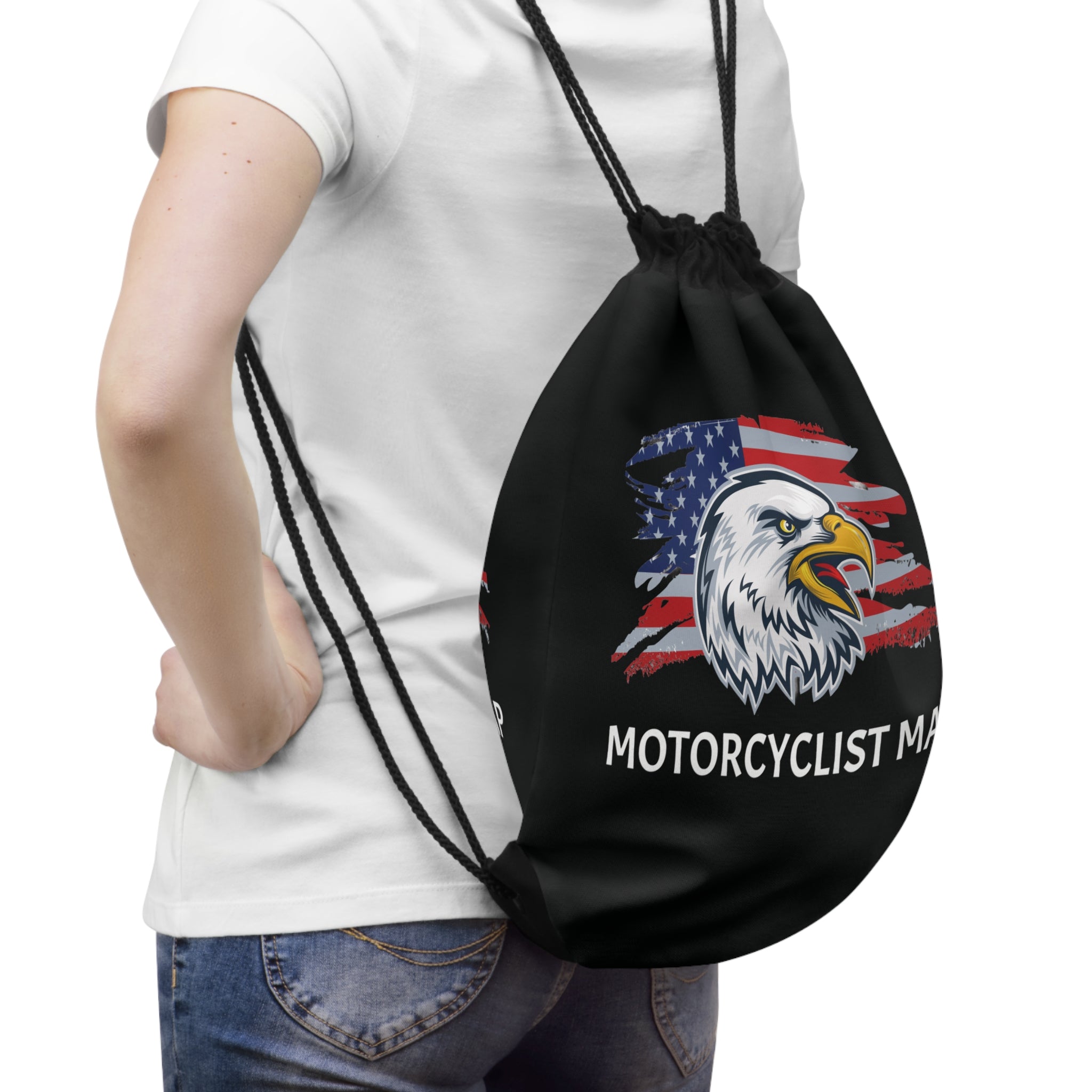 Motorcyclist Map Eagle Drawstring Bag