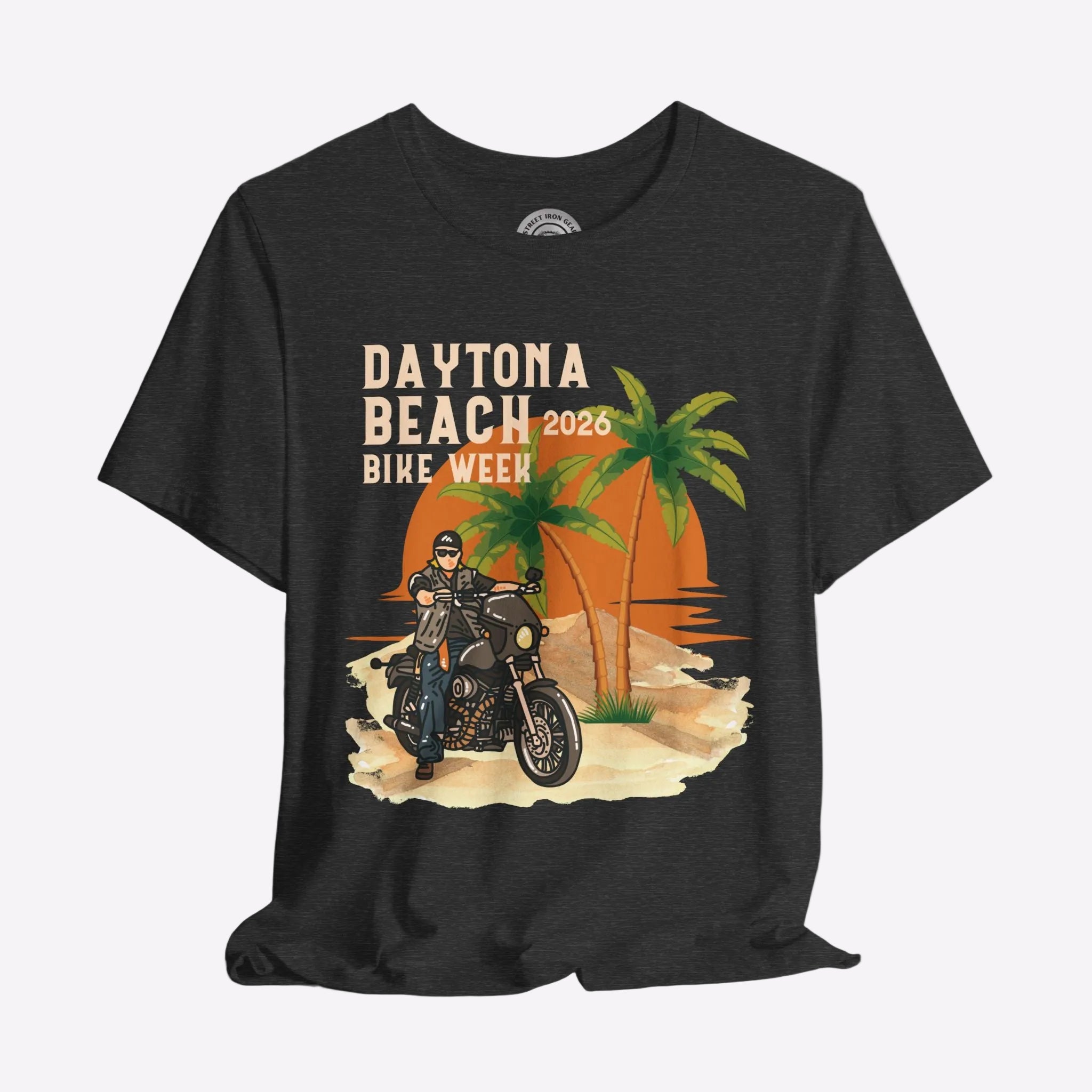 Black t-shirt with Daytona Beach Bike Week 2028 graphic on a gray background