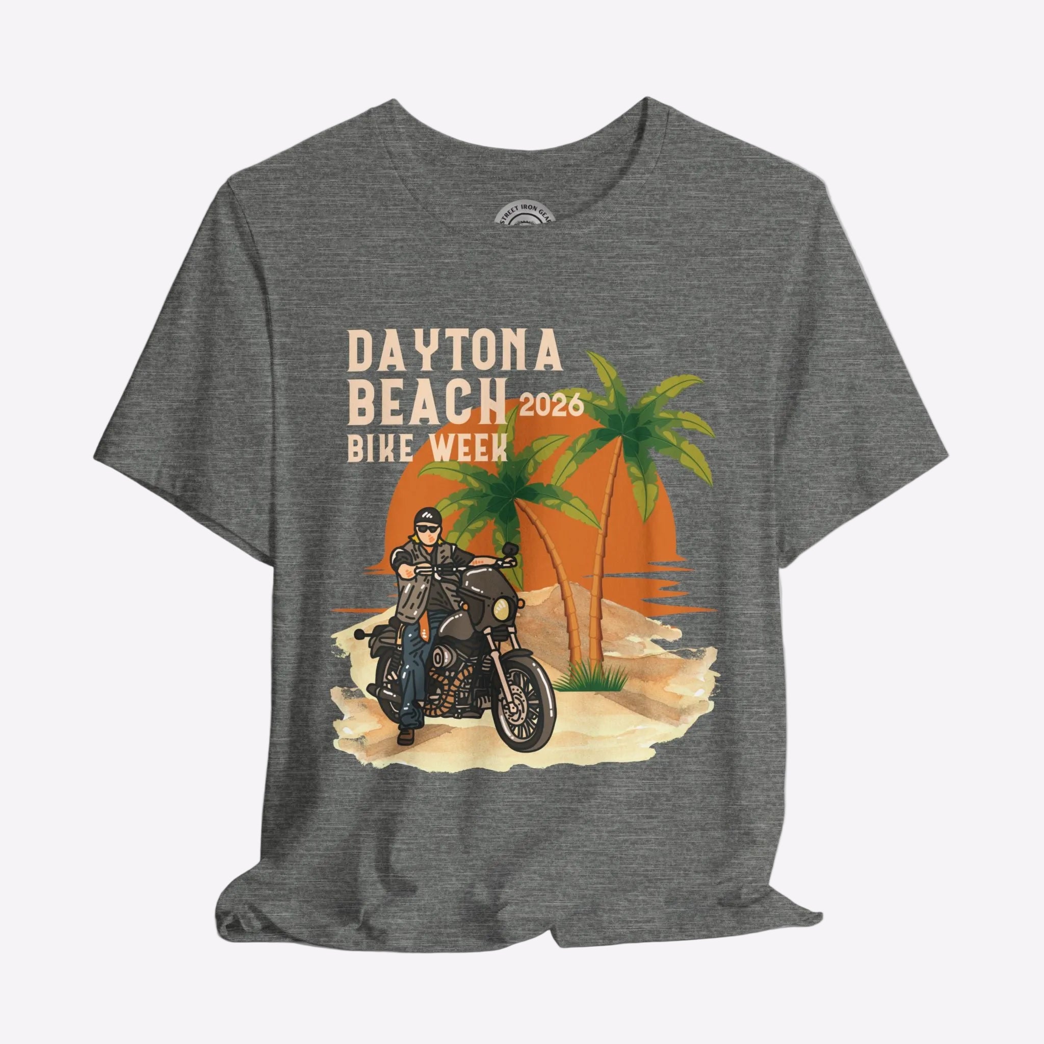 Gray t-shirt with Daytona Beach Bike Week 2026 graphic on a gray background