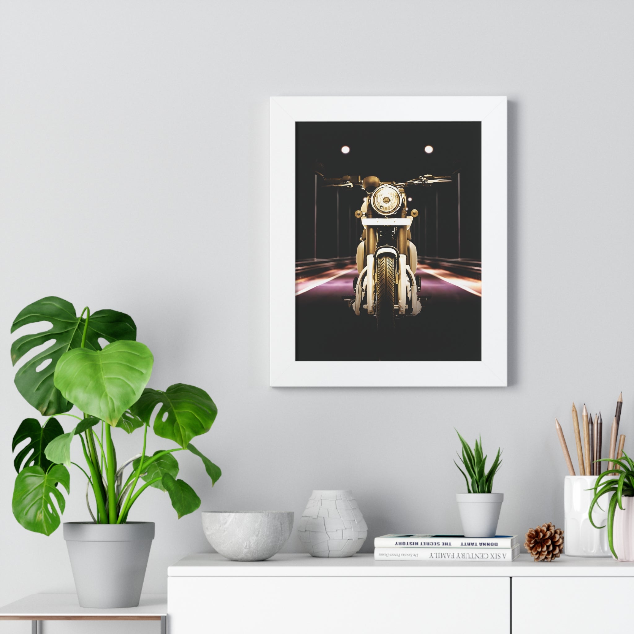 Vintage Night Scene Motorcycle Framed Poster