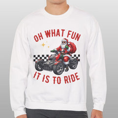 Person wearing a white sweatshirt with a graphic design and text on a gray background