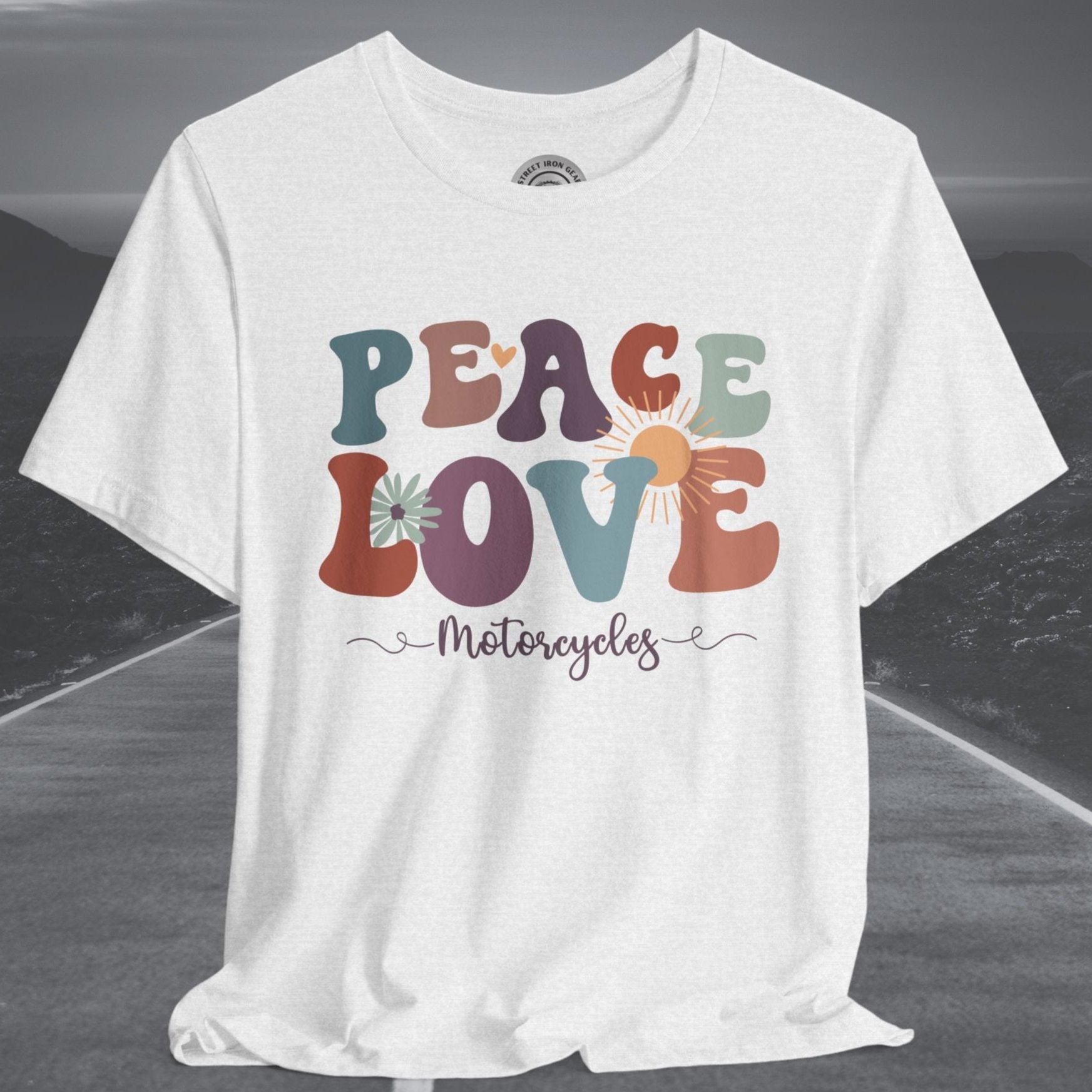 Ladies Retro Peace Love Motorcycles Crew Neck TShirt